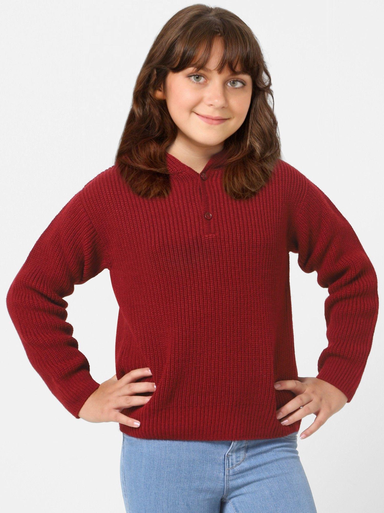 girls textured casual maroon sweater