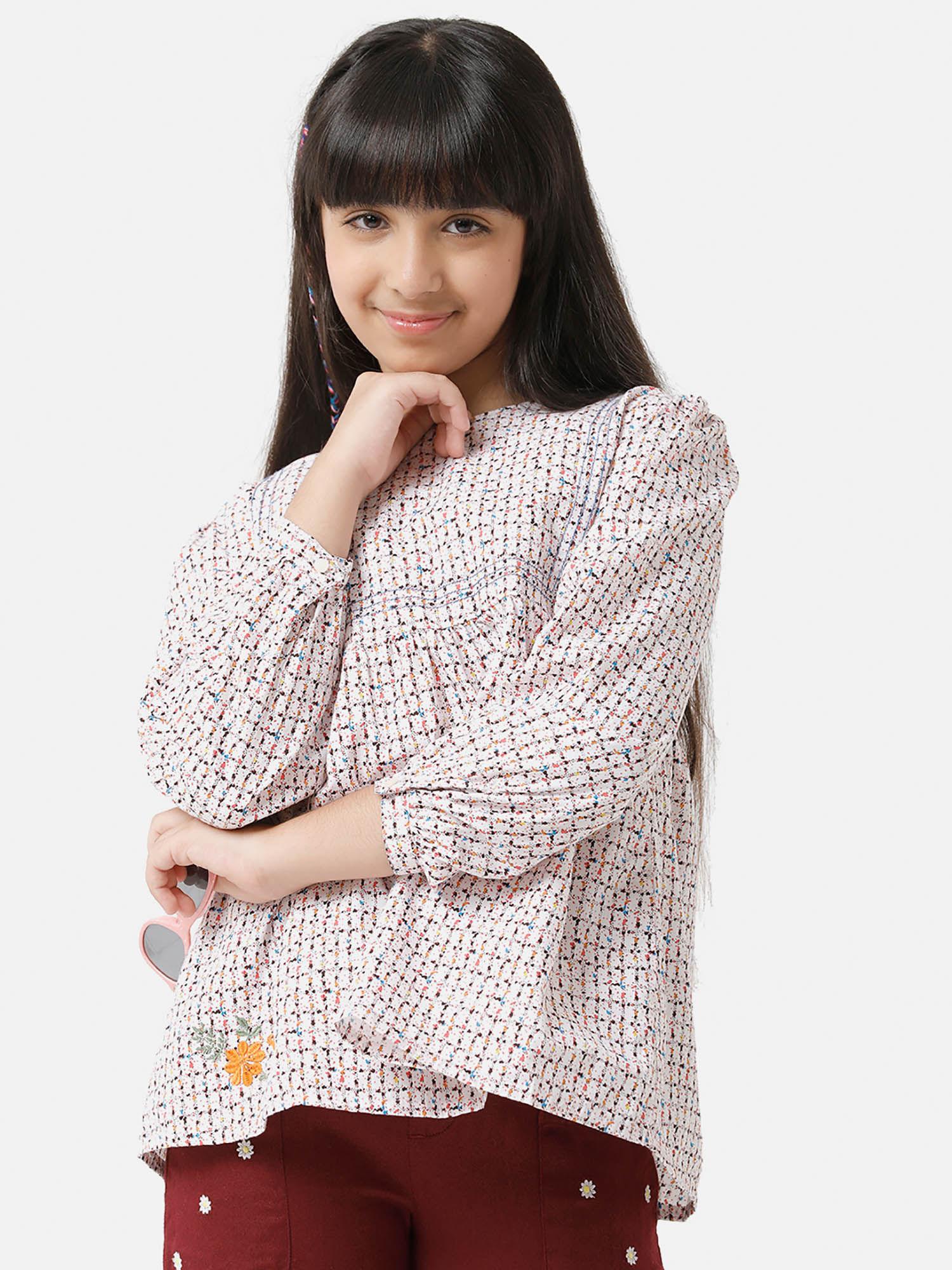 girls top in printed poplin with embroidery
