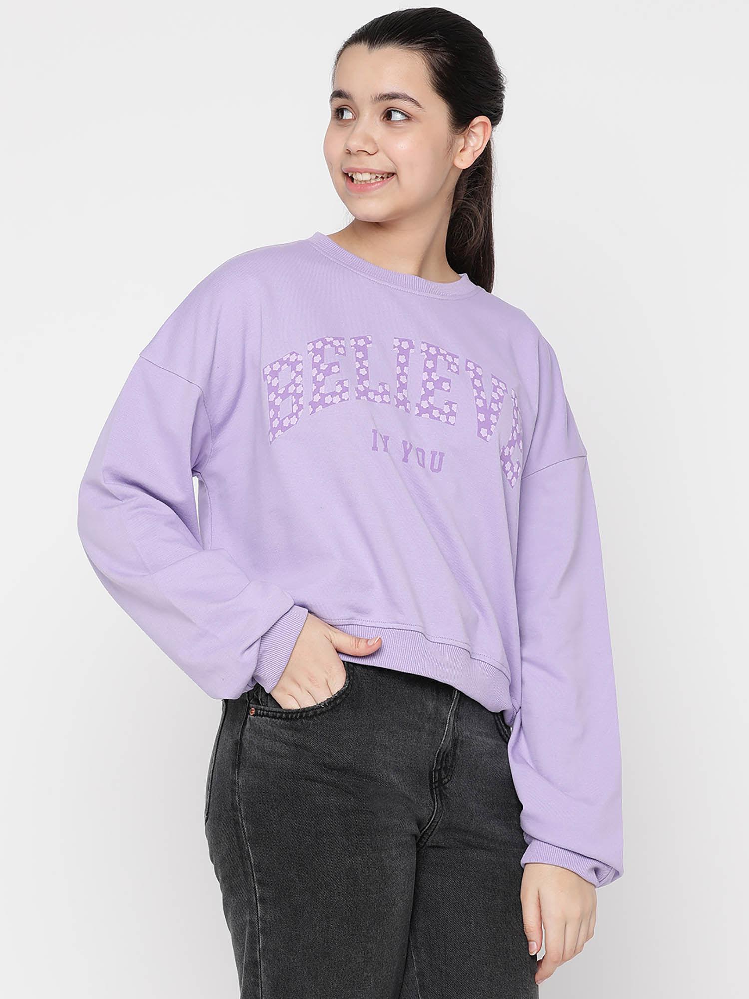 girls typography light weight cotton looper sweatshirt-purple