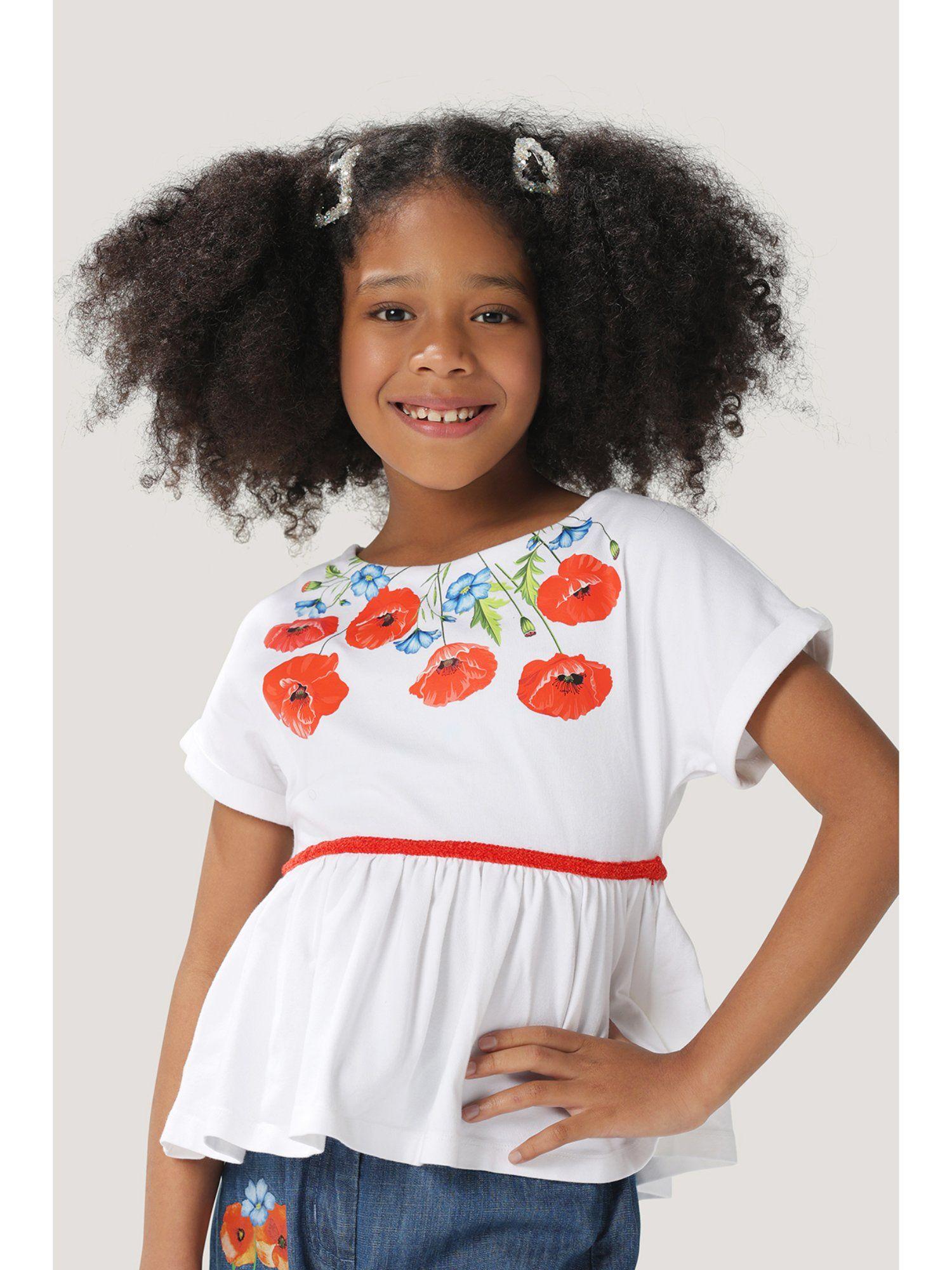 girls white cotton round neck knit top with floral print