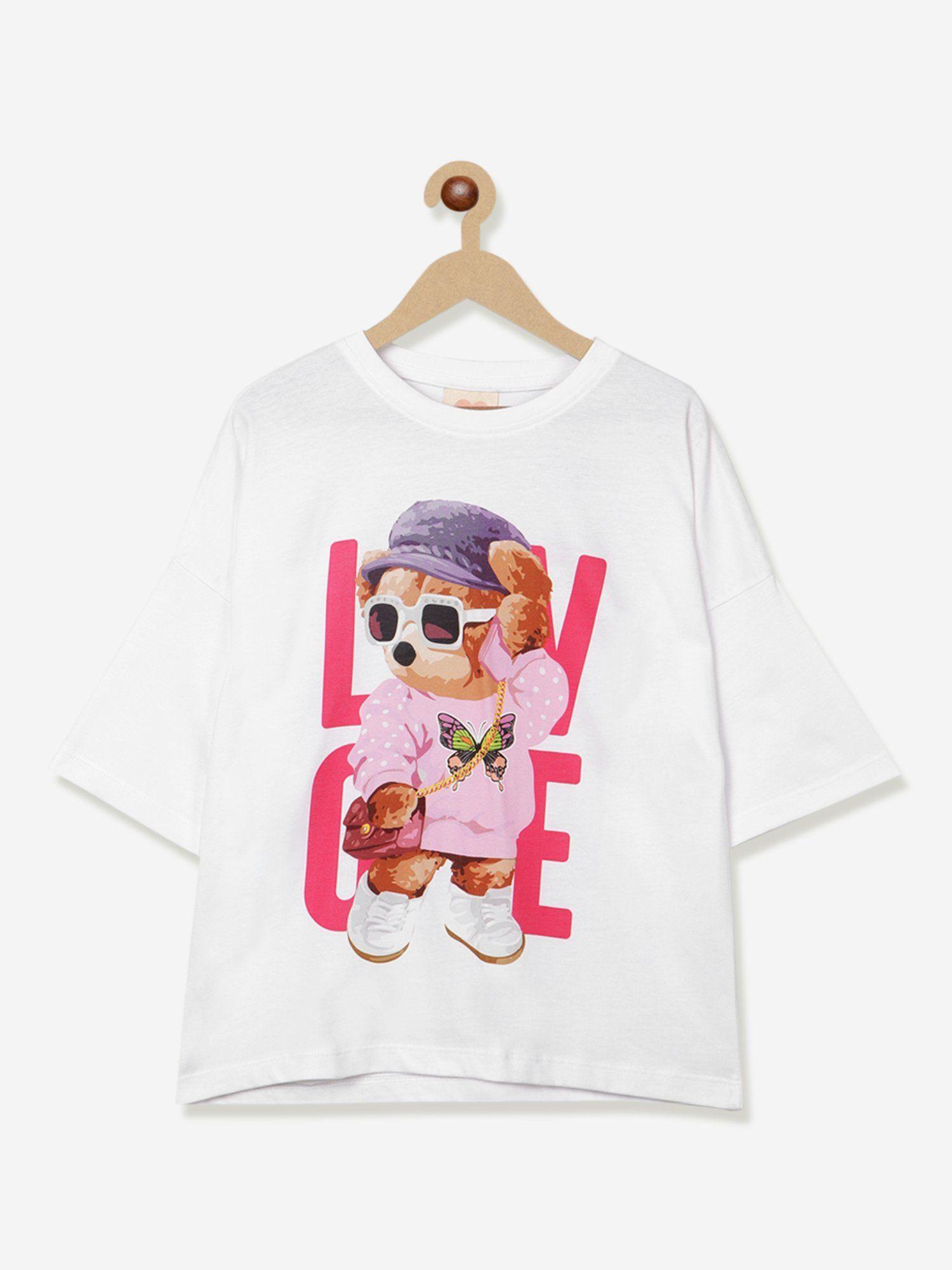 girls white graphic drop shoulder sleeves pure cotton top