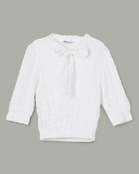 girls woven top with neck tie-up detail