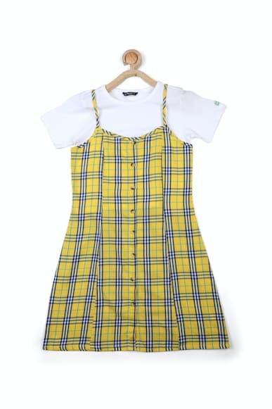 girls yellow and white check casual dress and t-shirt