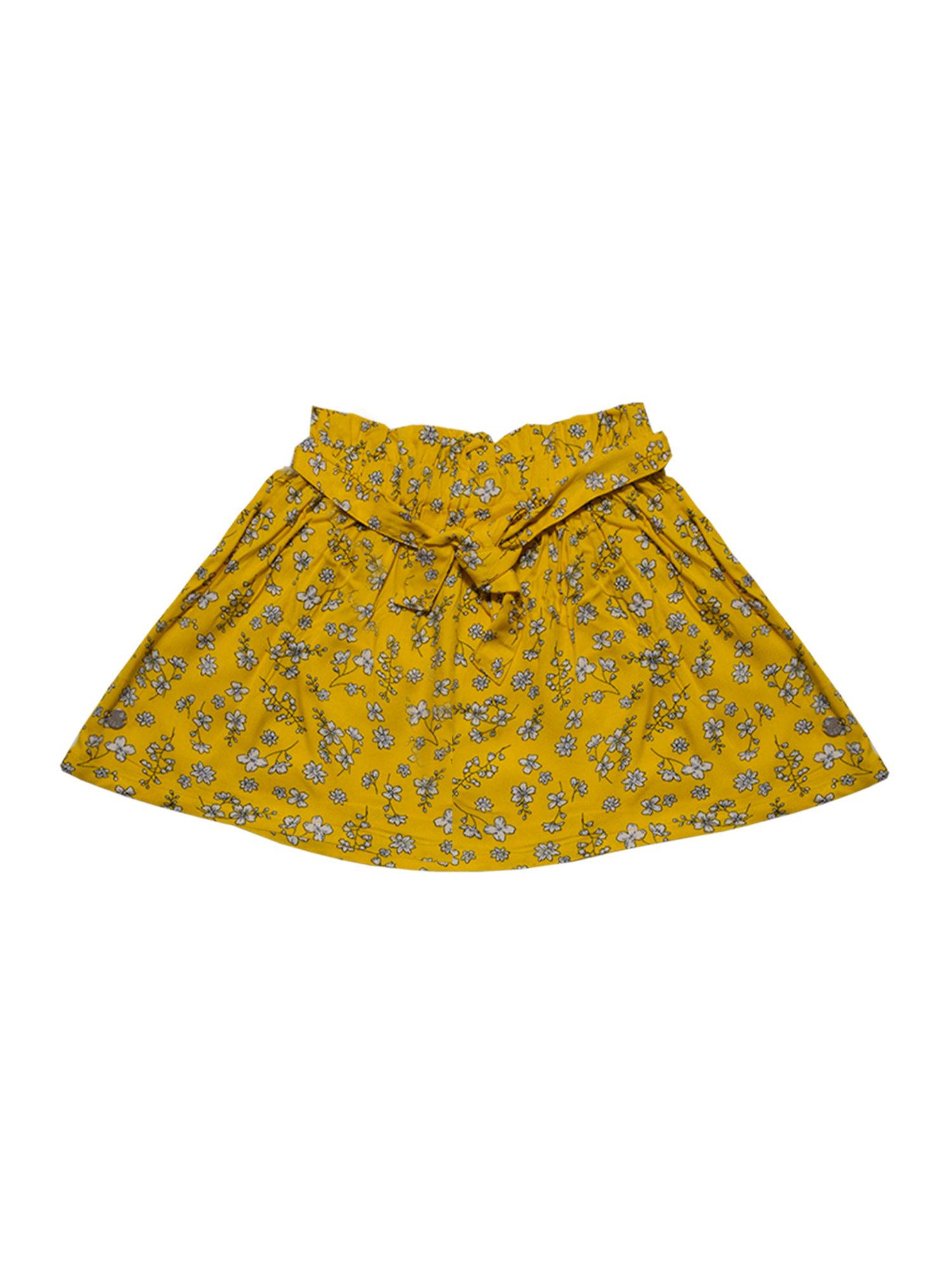 girls yellow cotton floral print fixed waist skirt