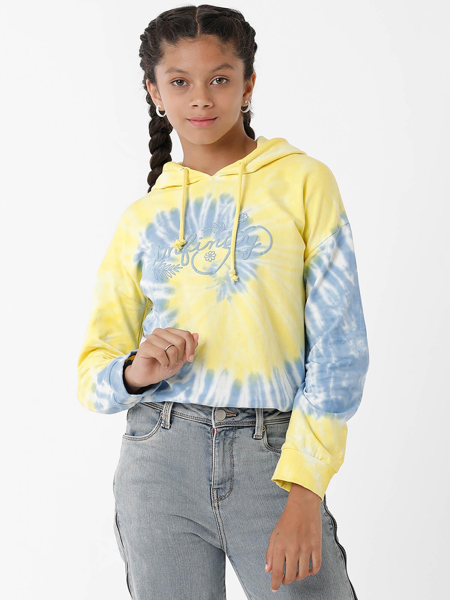girls yellow dyed & printed hooded cotton sweatshirt