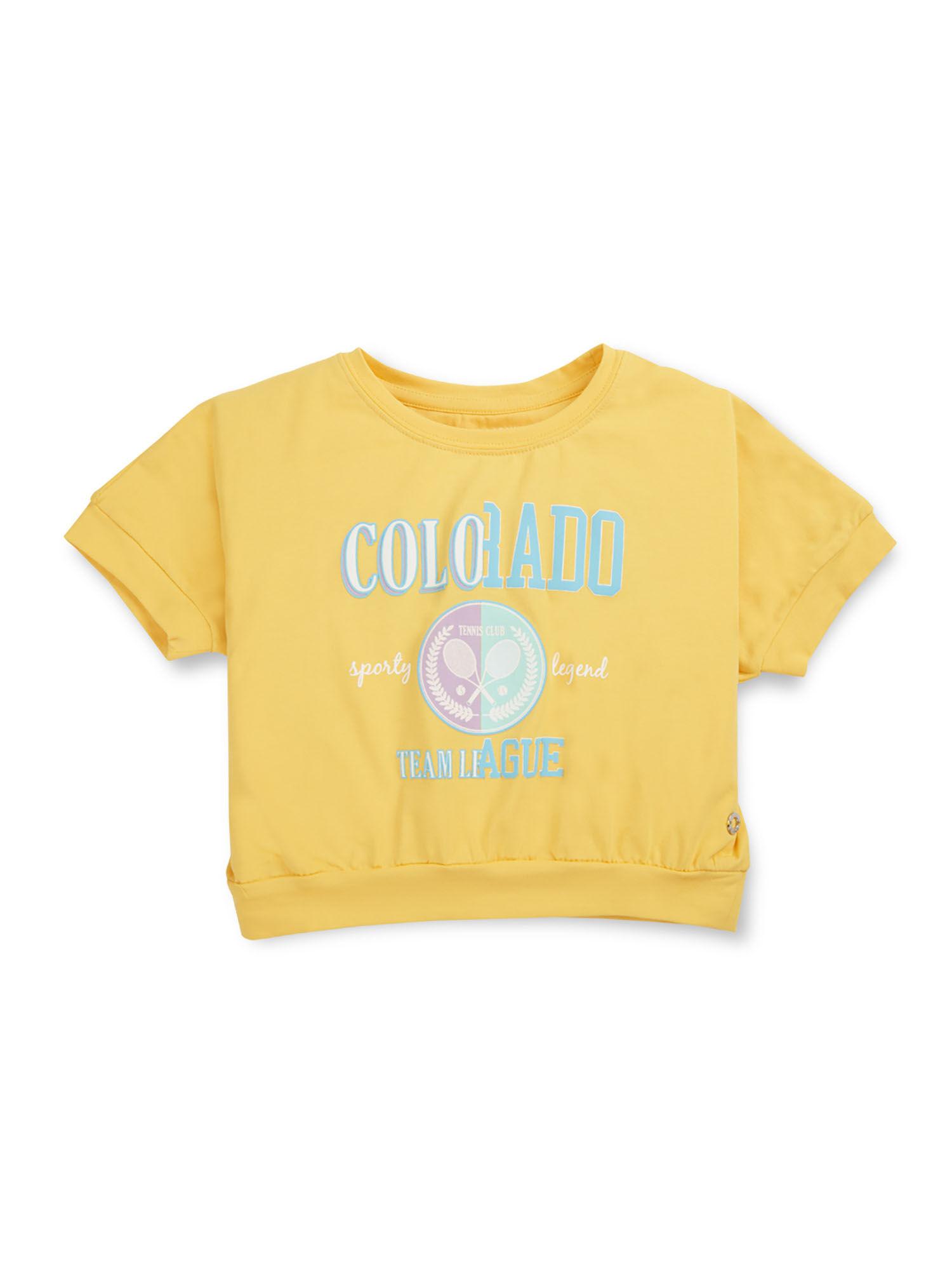 girls yellow printed cotton full sleeves knits crop top