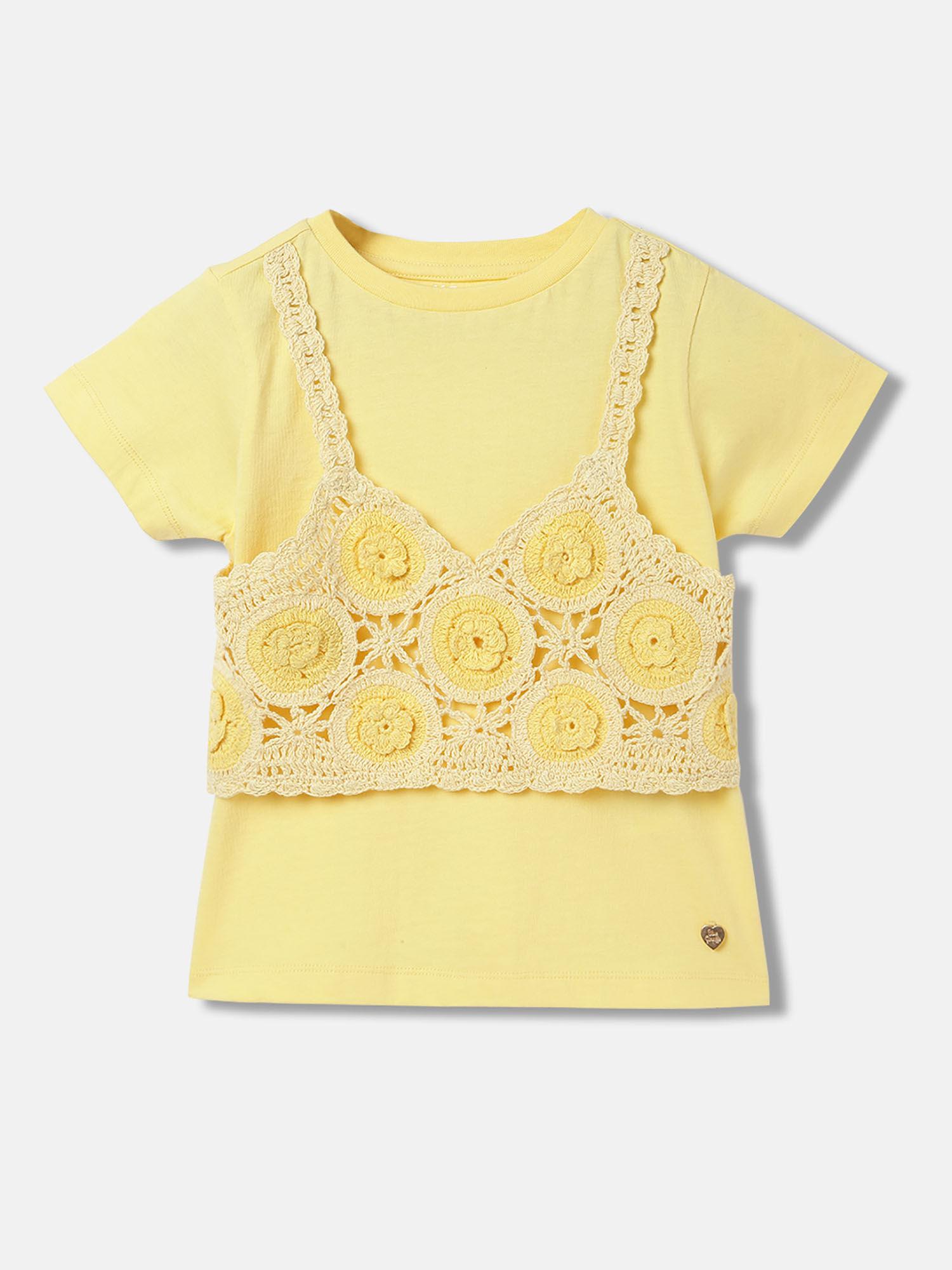 girls yellow self design half sleeves t-shirt with top (set of 2)