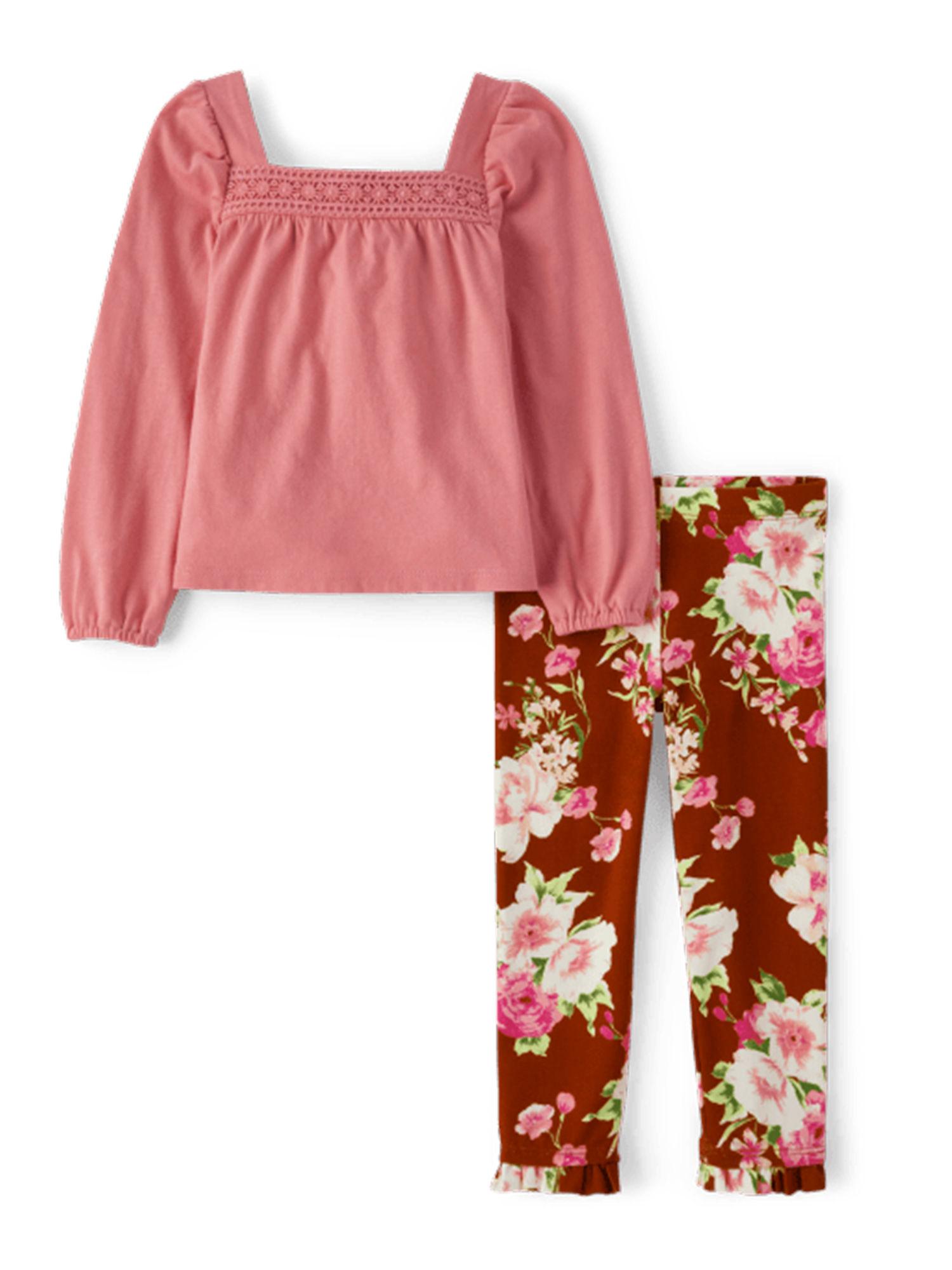 girls 2-piece square neck top & floral leggings (set of 2)