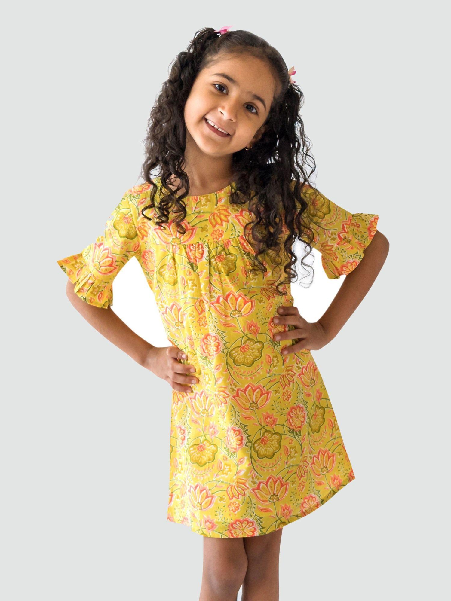 girls ashley frilly sleeve dress - floral trellis print - lime green