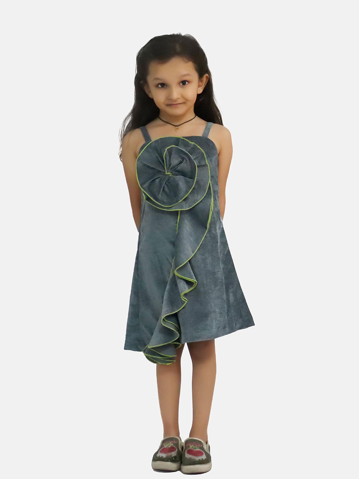 girls asymmetric dress with flower detail