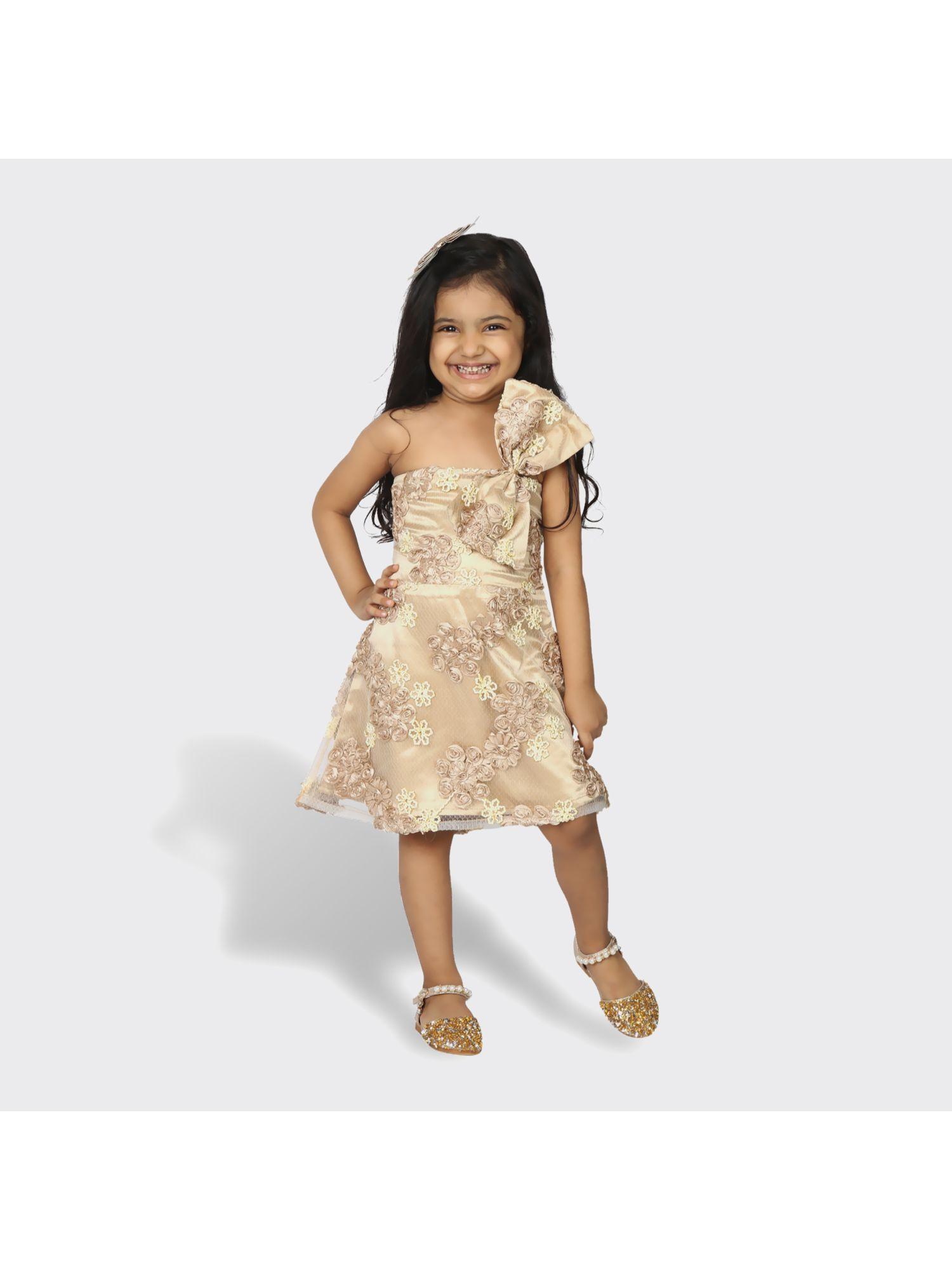 girls asymmetric gold embroidered party dress with bow