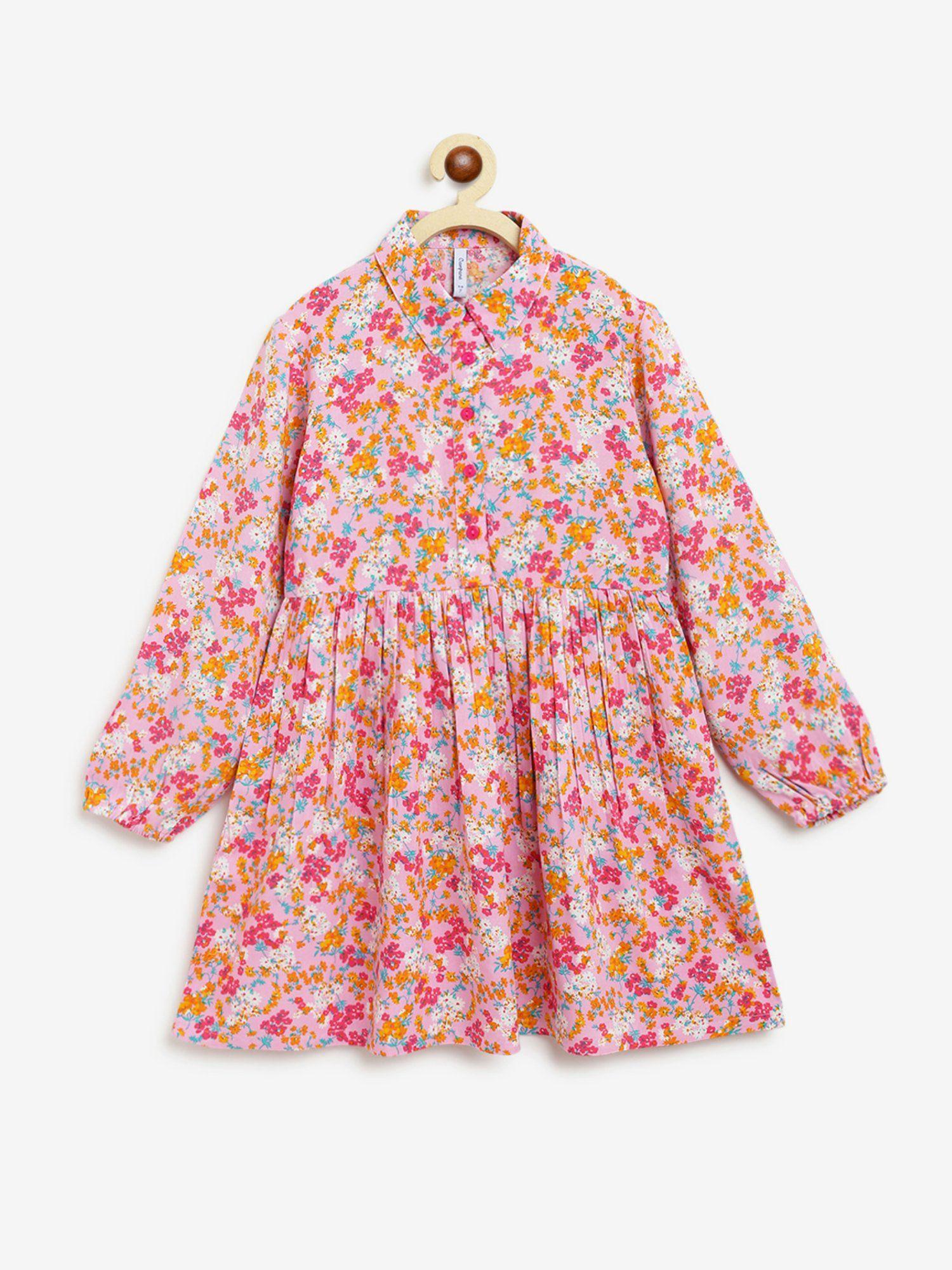 girls ava full sleeves printed dress with collar - pink & multicolour