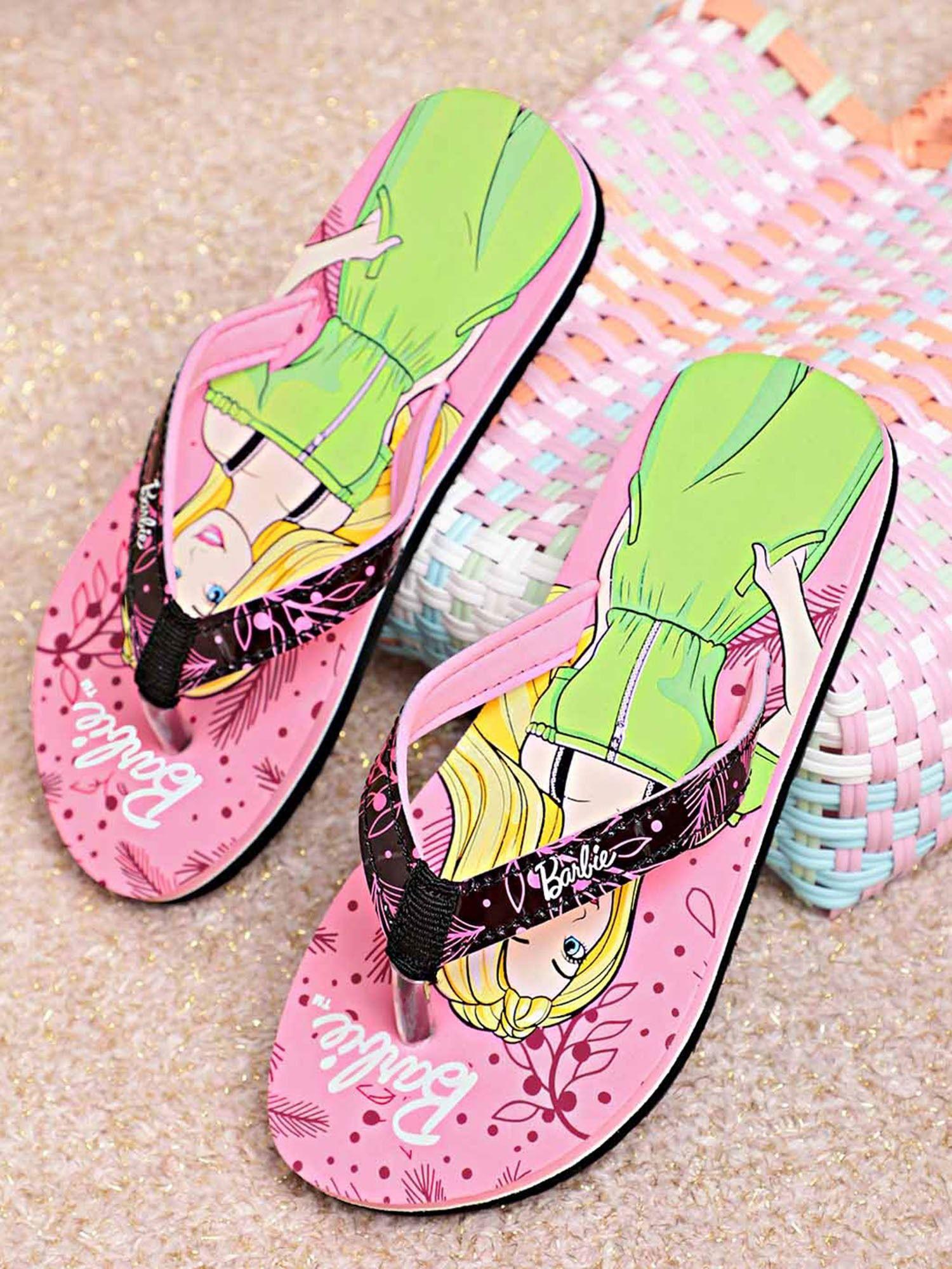 girls barbie printed pink soft cushion flipflops