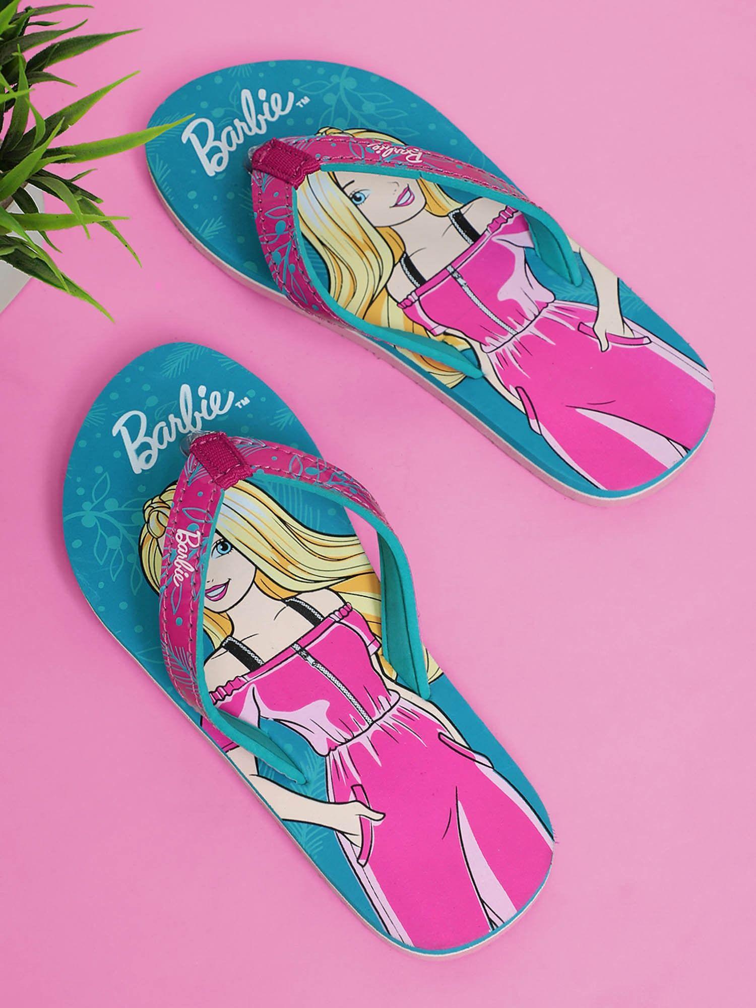 girls barbie printed teal soft cushion flipflops