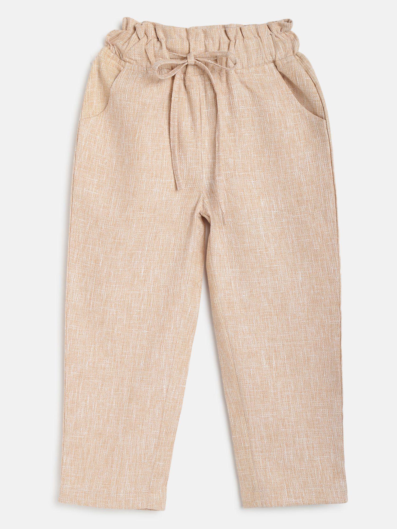 girls beige cotton blend regular fit slub texture trousers