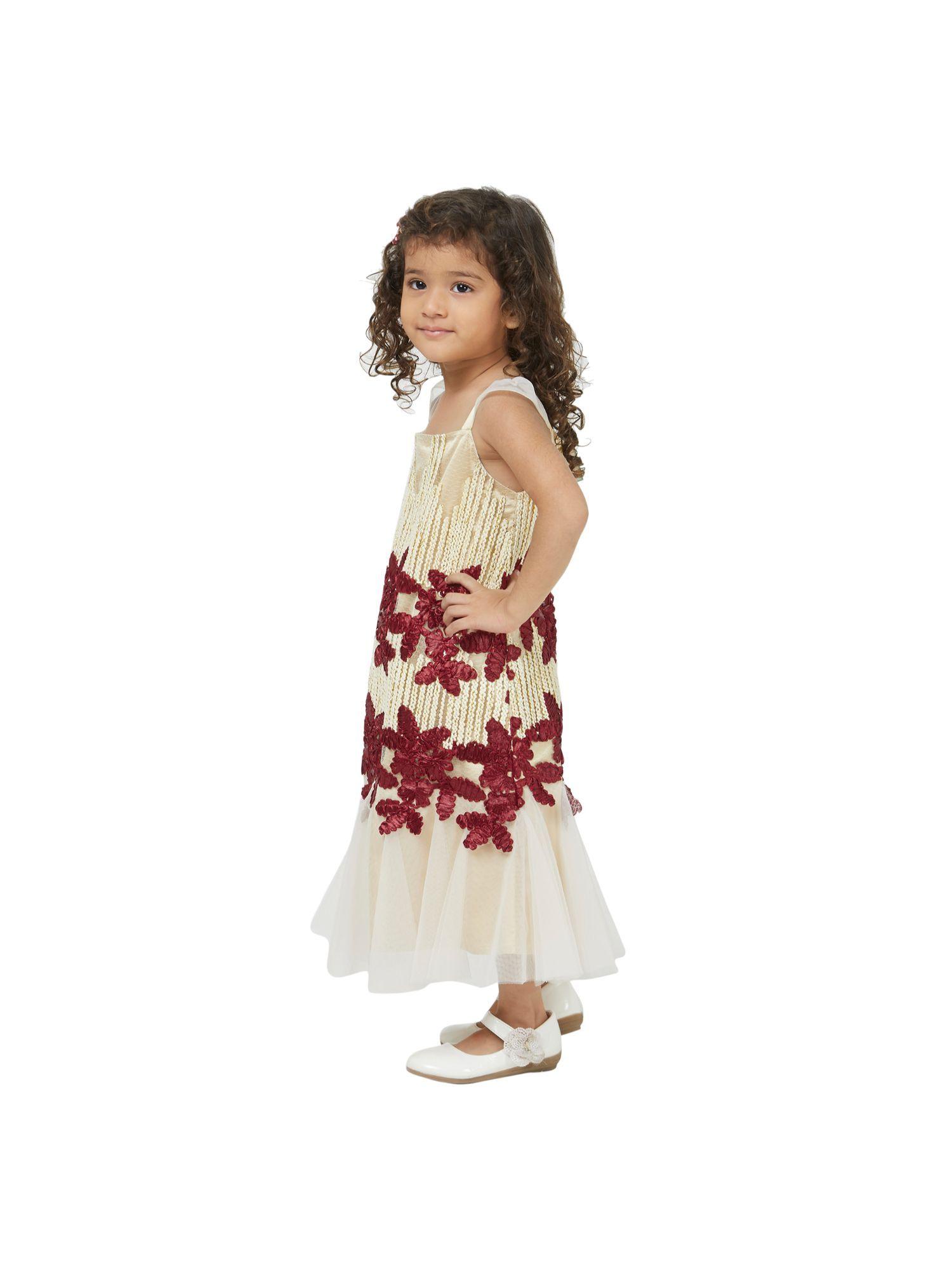 girls beige dress with red trail floral embroidery
