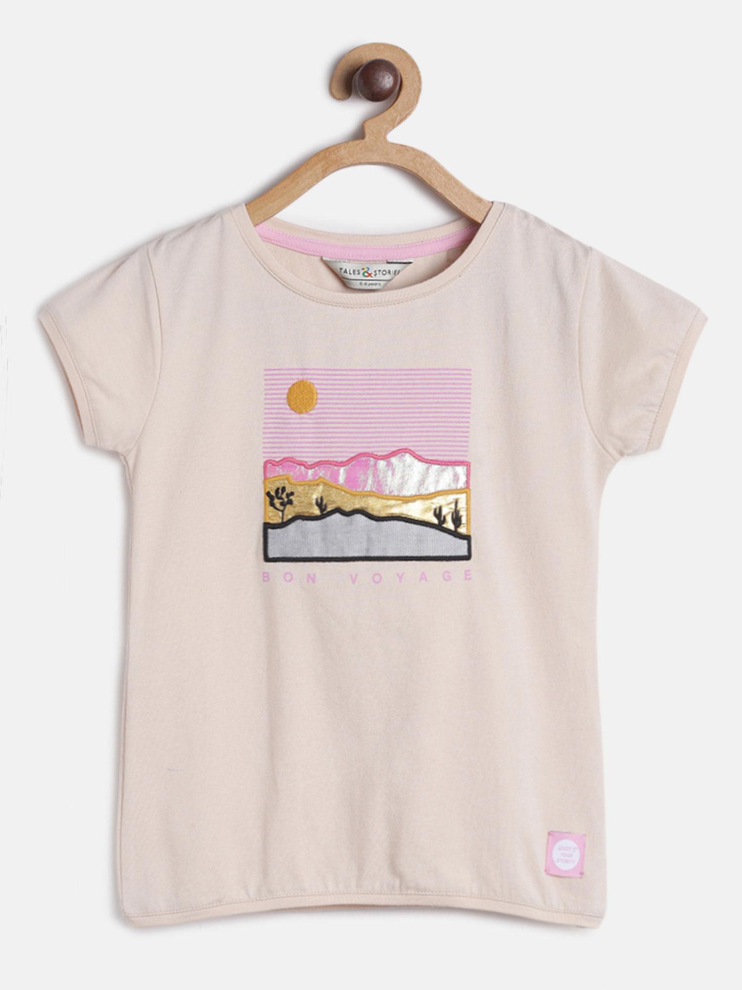 girls beige lycra embroidered t-shirt