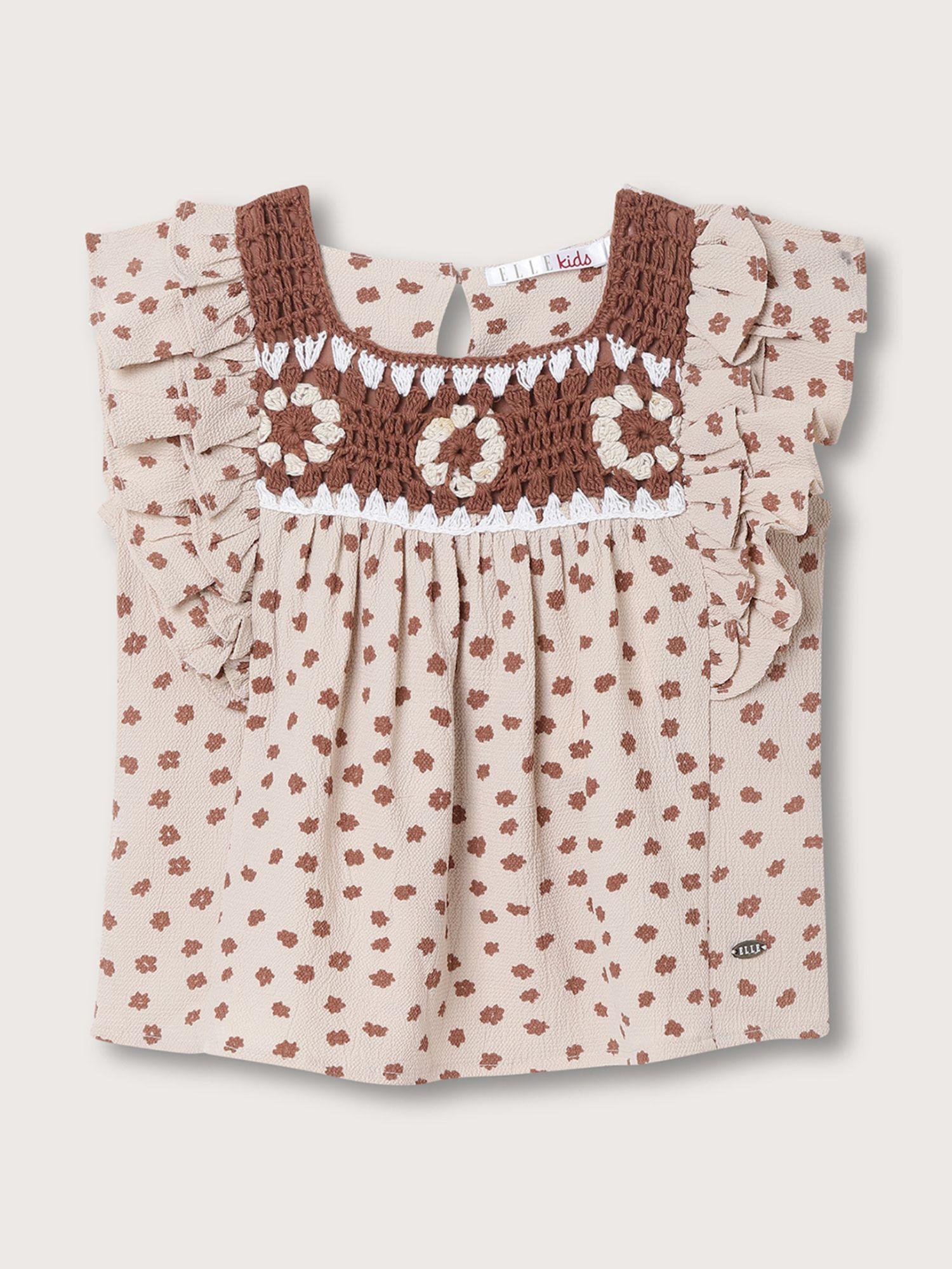 girls beige square neck printed top