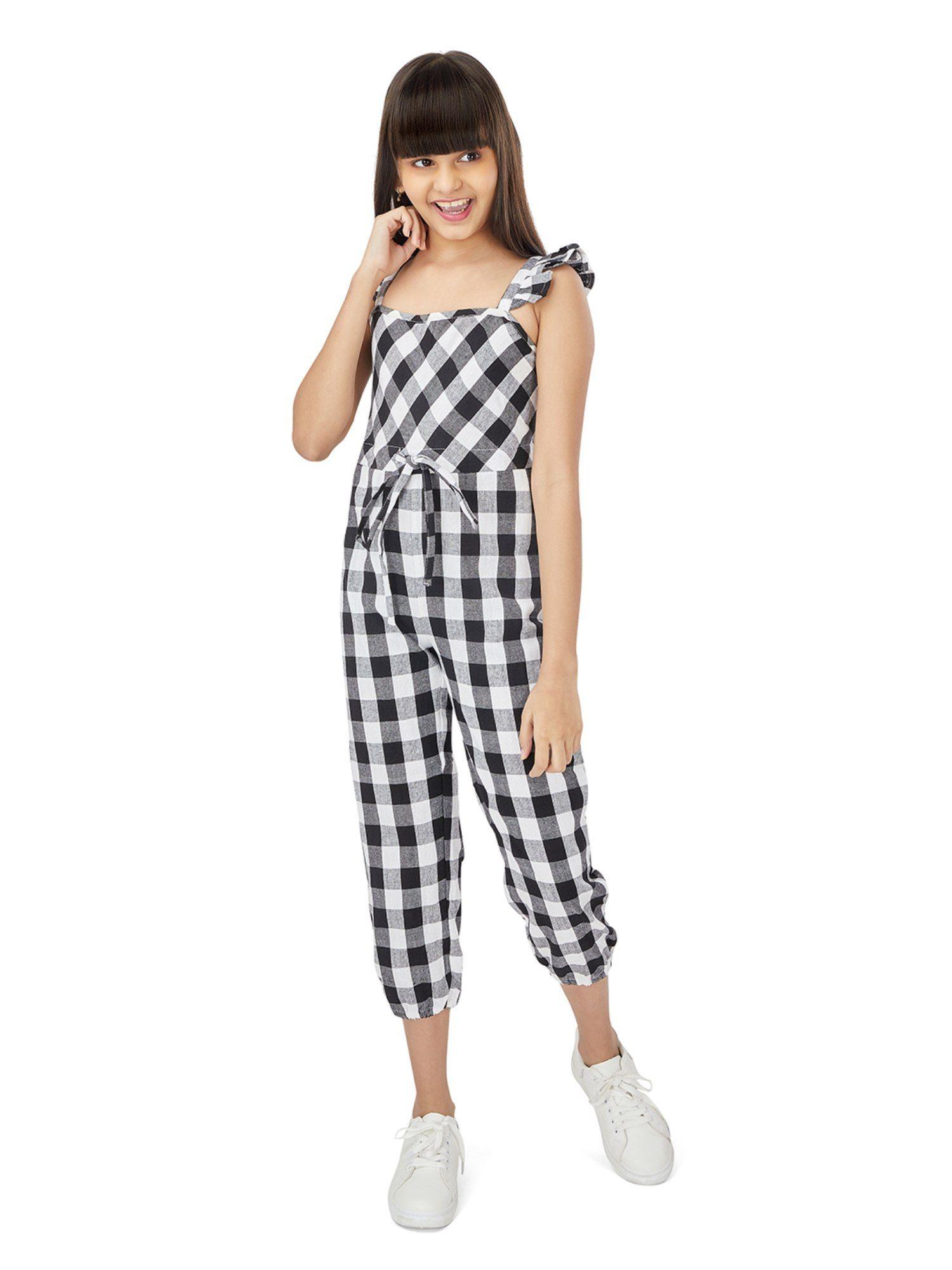 girls black & white checked ruffle jumpsuit