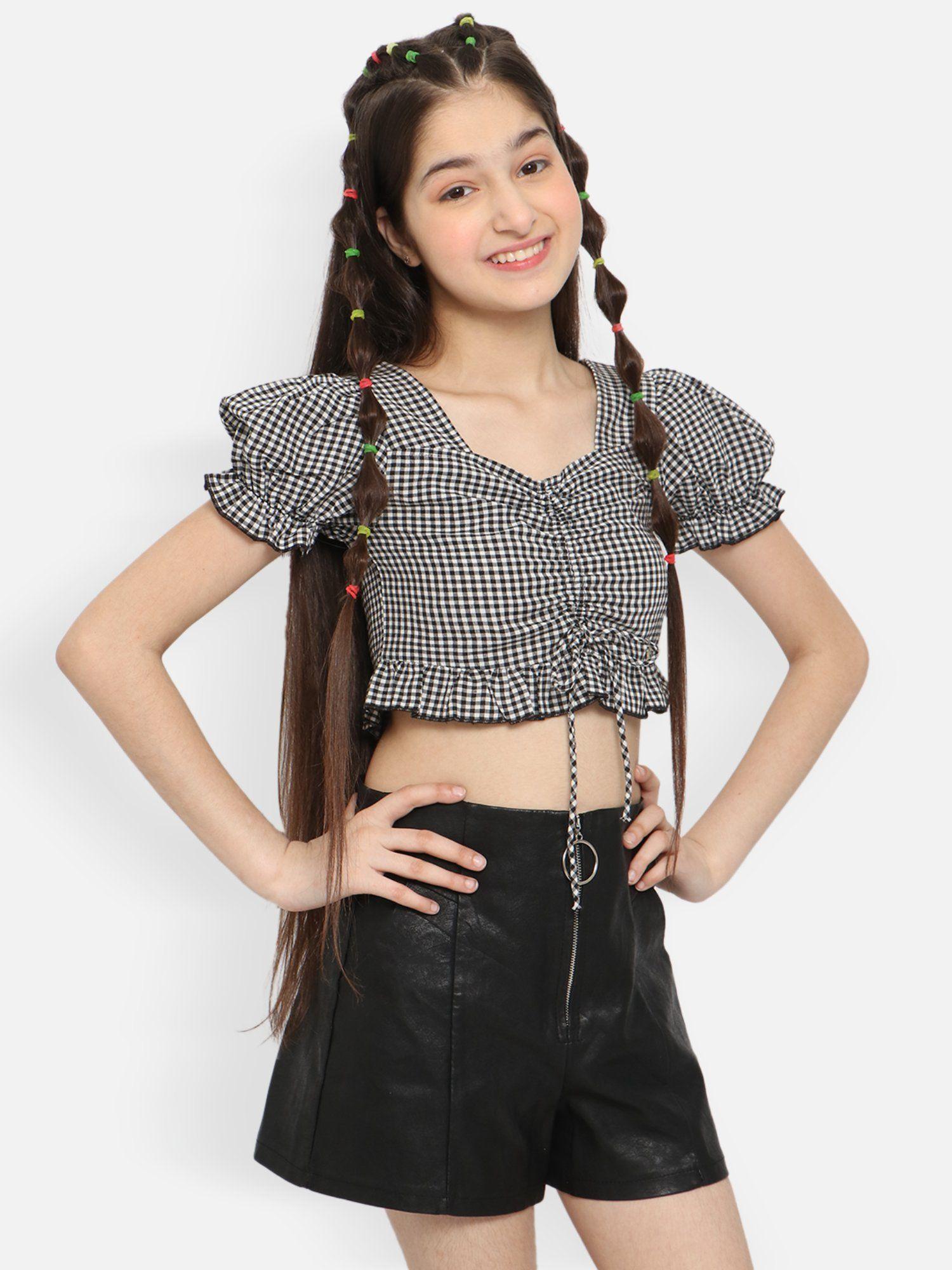 girls black & white checkered blouson top with puff sleeves