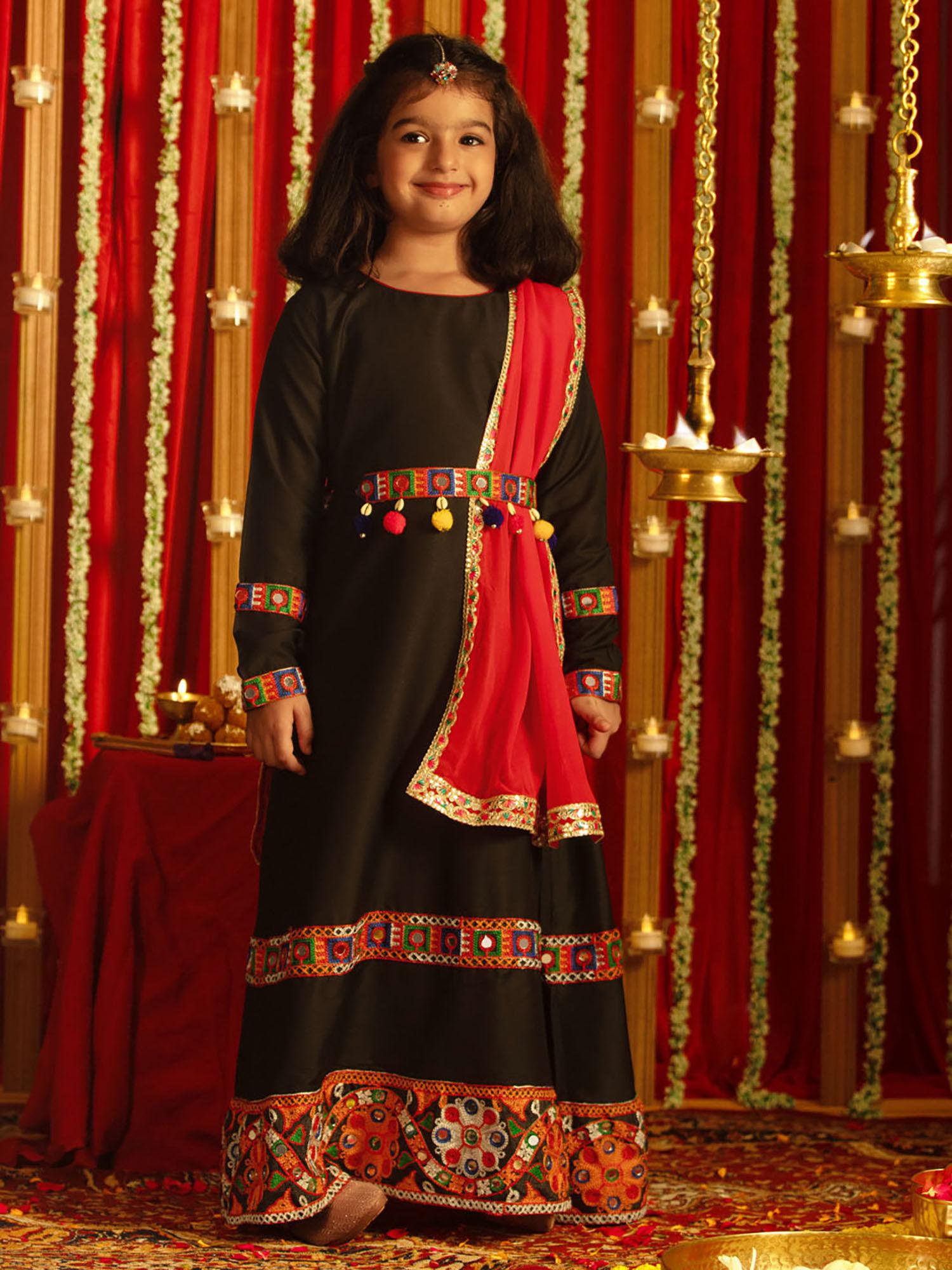 girls black anarkali with dupatta and belt (set of 3)