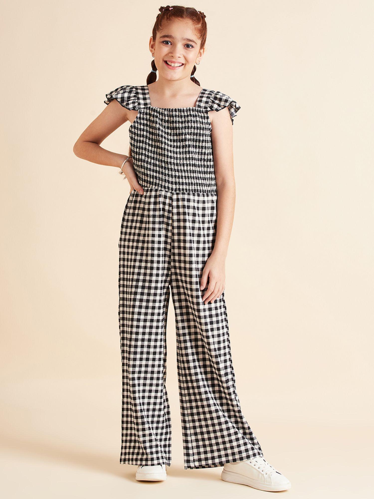 girls black checked full length jumpsuit