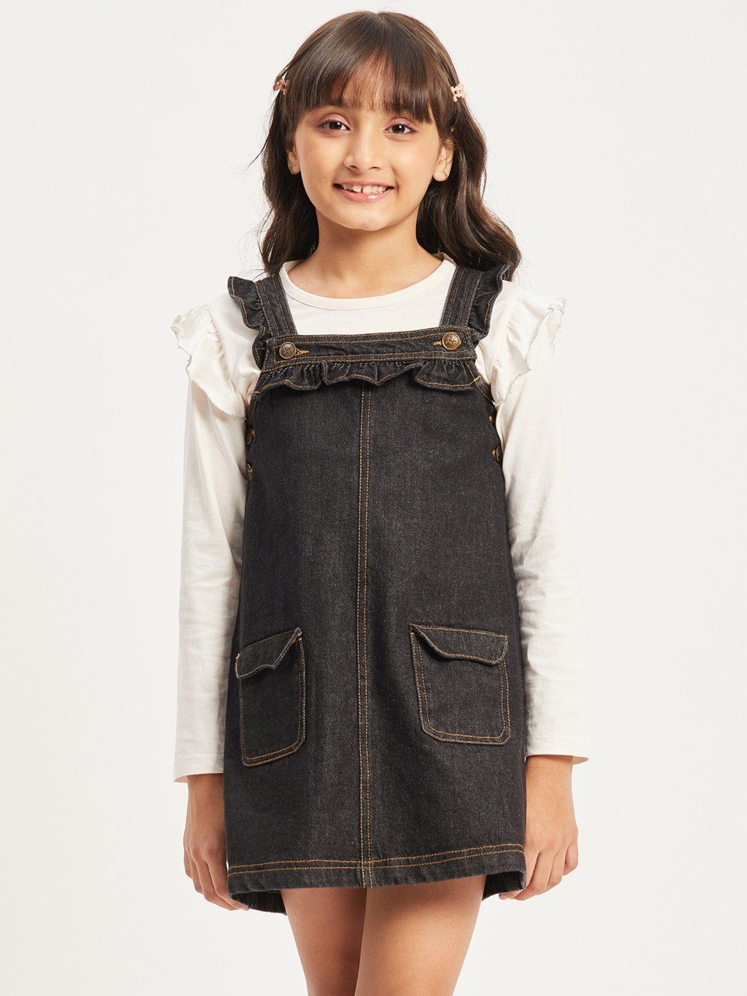 girls black denim solid sleeveless shoulder straps dungaree