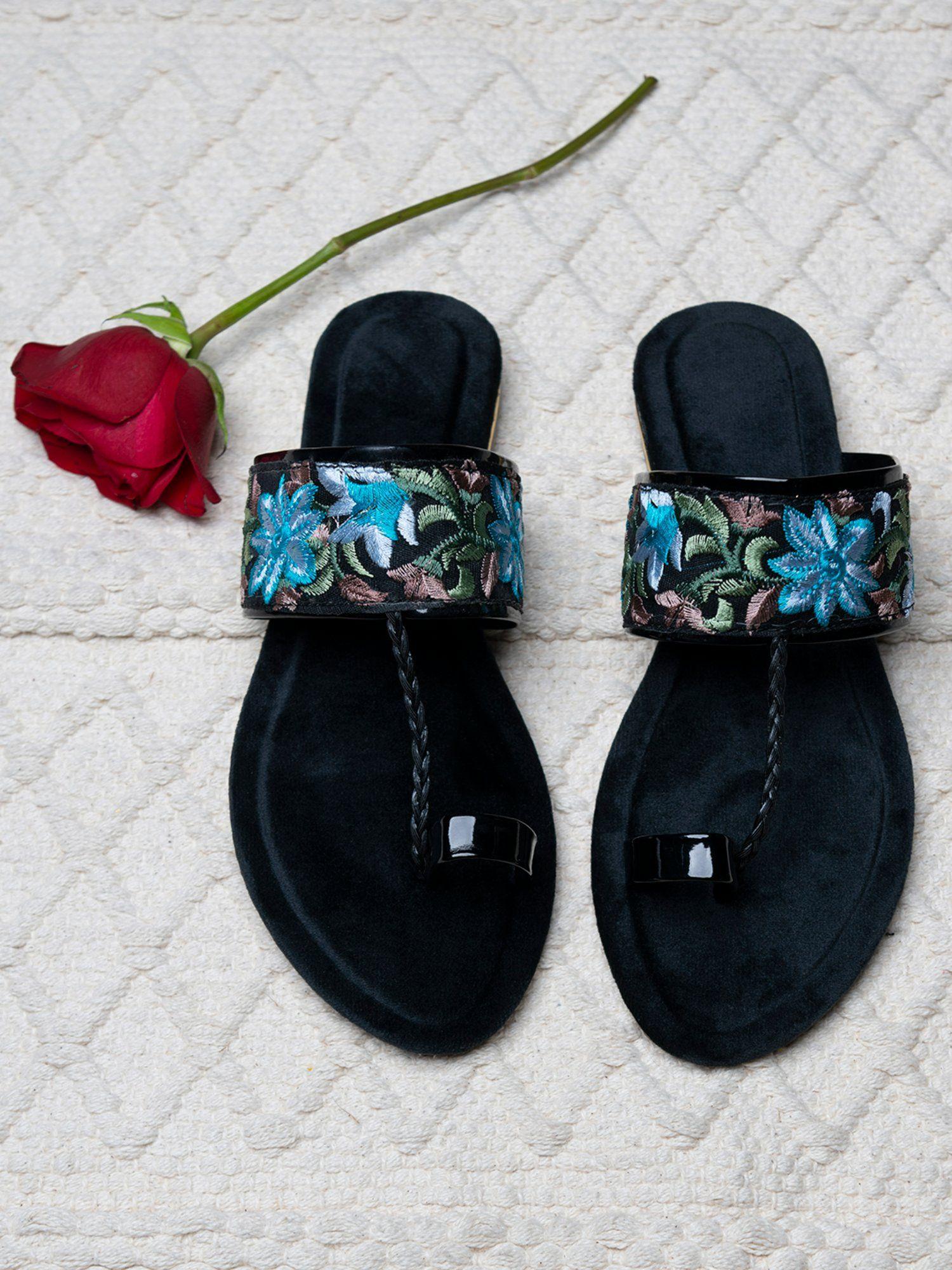 girls black embroidered fabric one toe flats