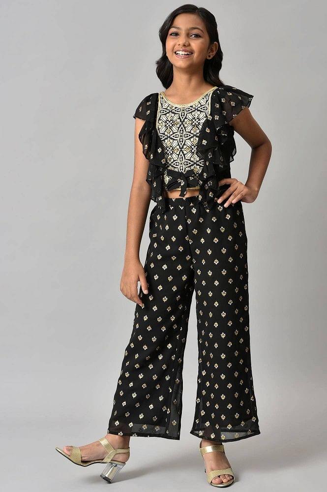 girls black embroidered ruffled top and palazzos set