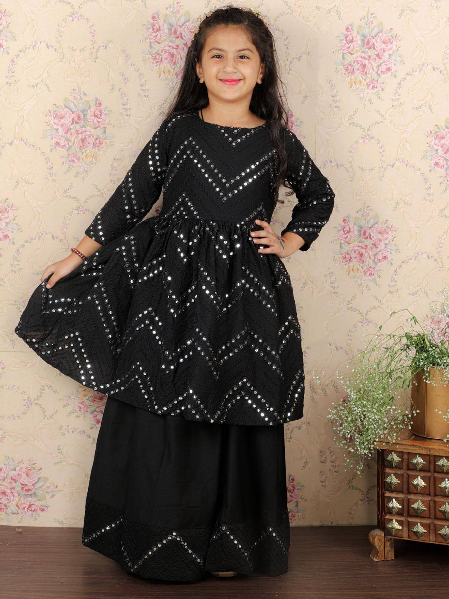 girls black lehenga with kurta (set of 2)