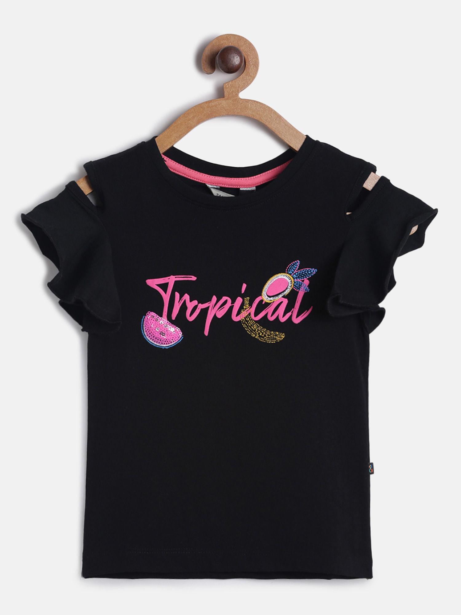 girls black lycra printed t-shirt