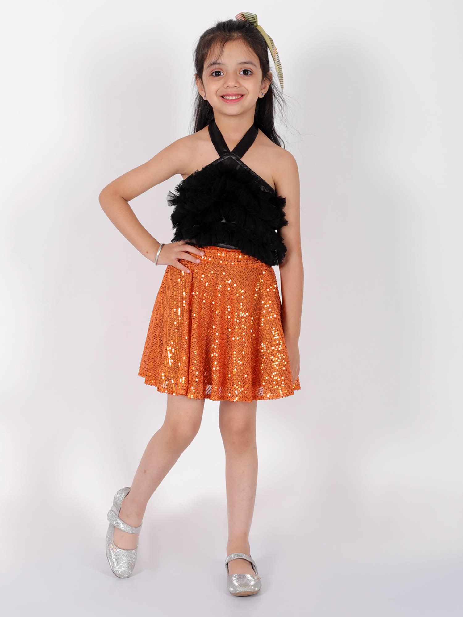 girls black party top with orange skirt for girls (set of 2)