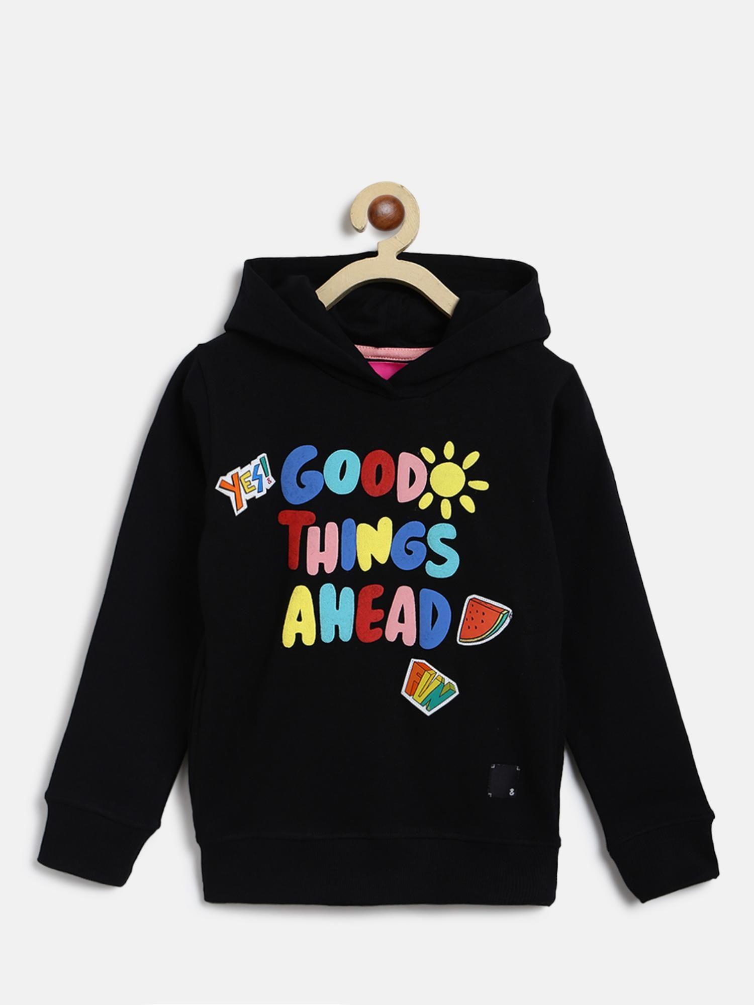 girls black poly cotton printed hoodie