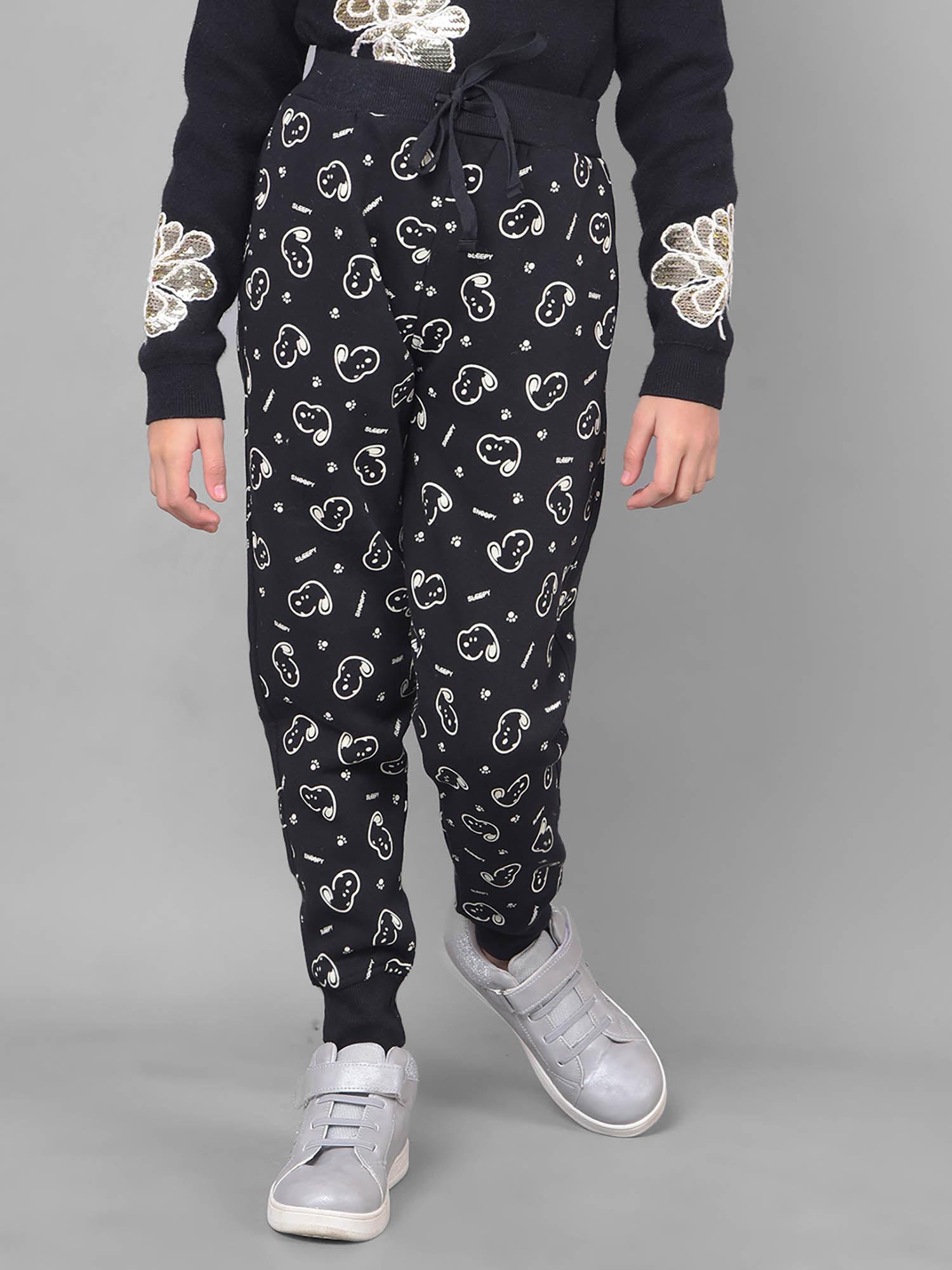 girls black printed graphic trackpant