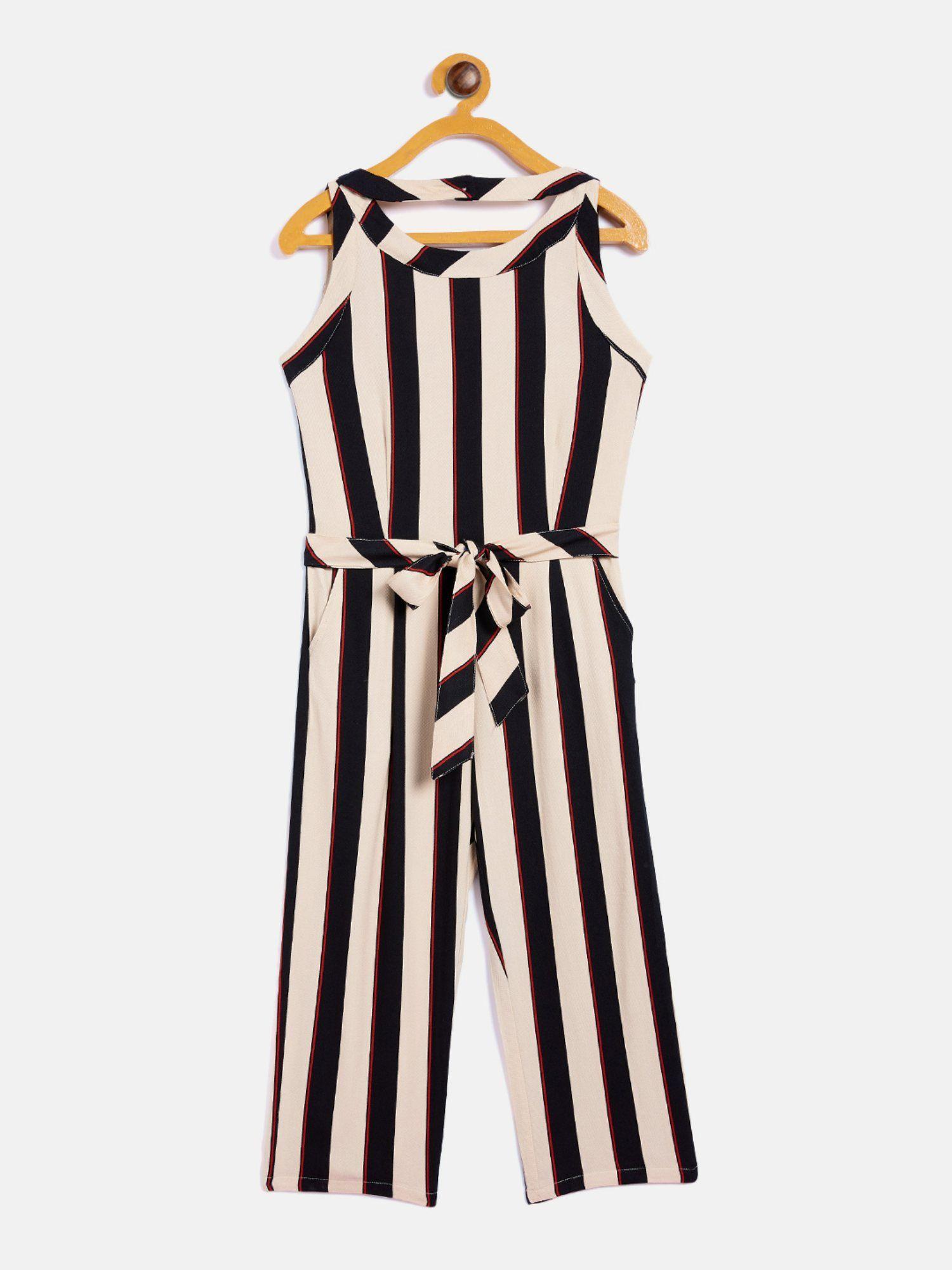 girls black striped round neck jumpsuit with belt (set of 2)
