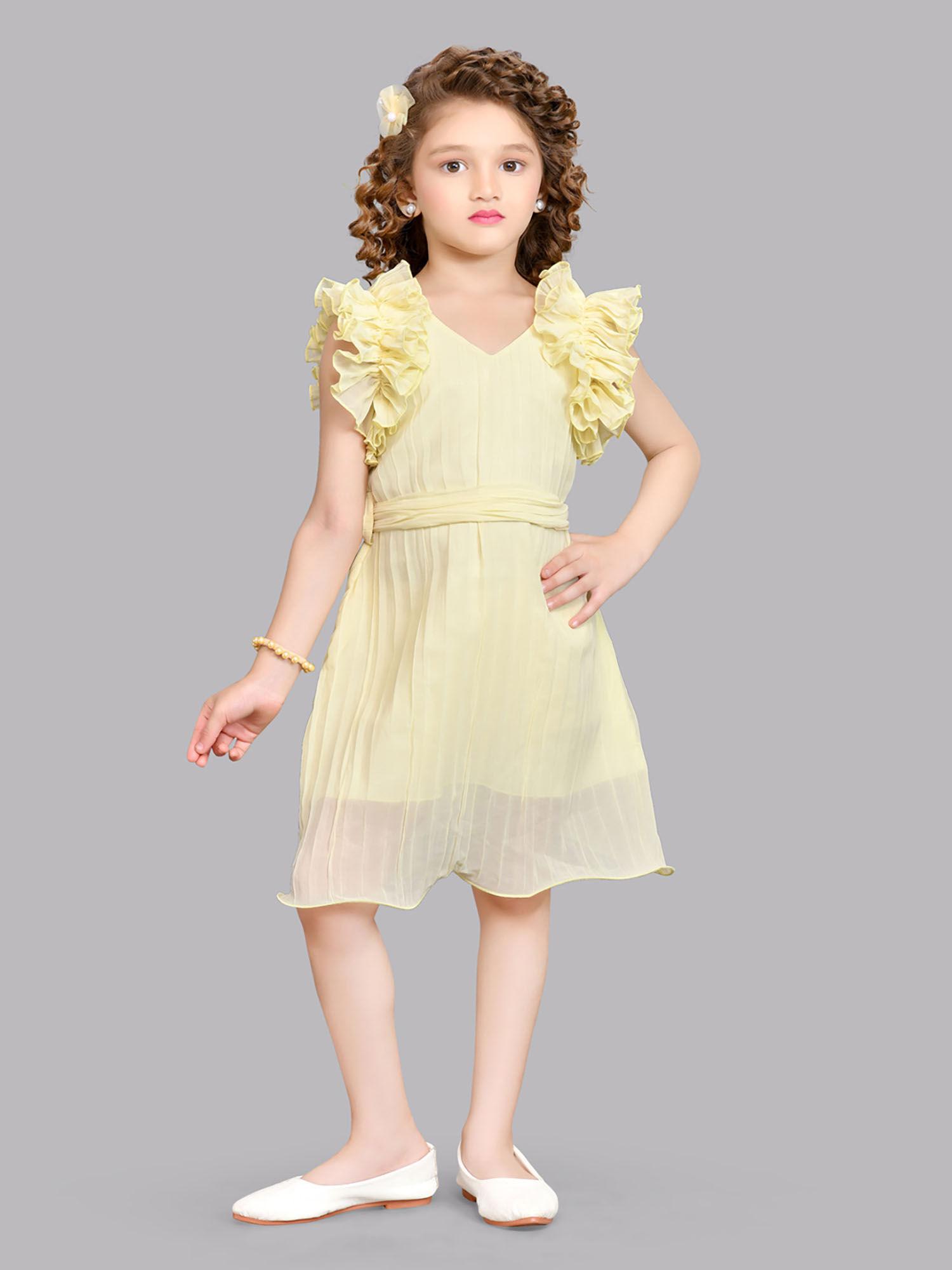 girls blended knee length floral aline belted dress- yellow (set of 2)