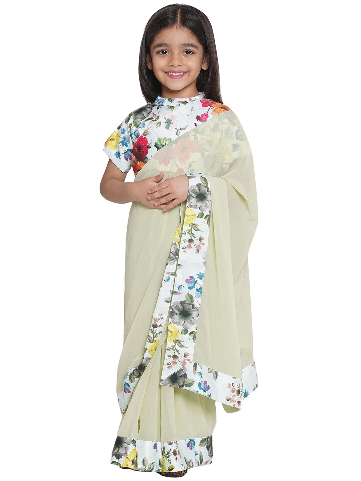 girls blouse with ready to wear saree - apple green (set of 2)