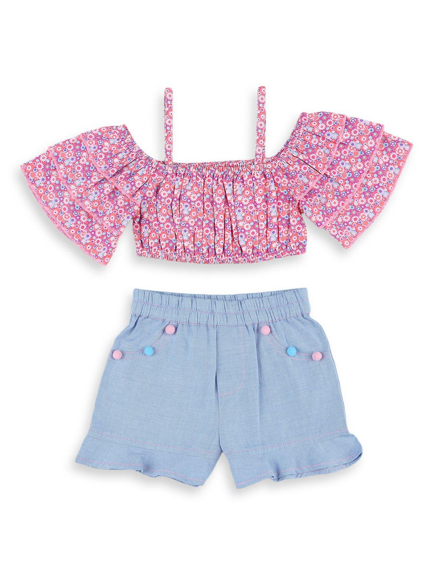 girls blue & pink crop top with shorts (set of 2)