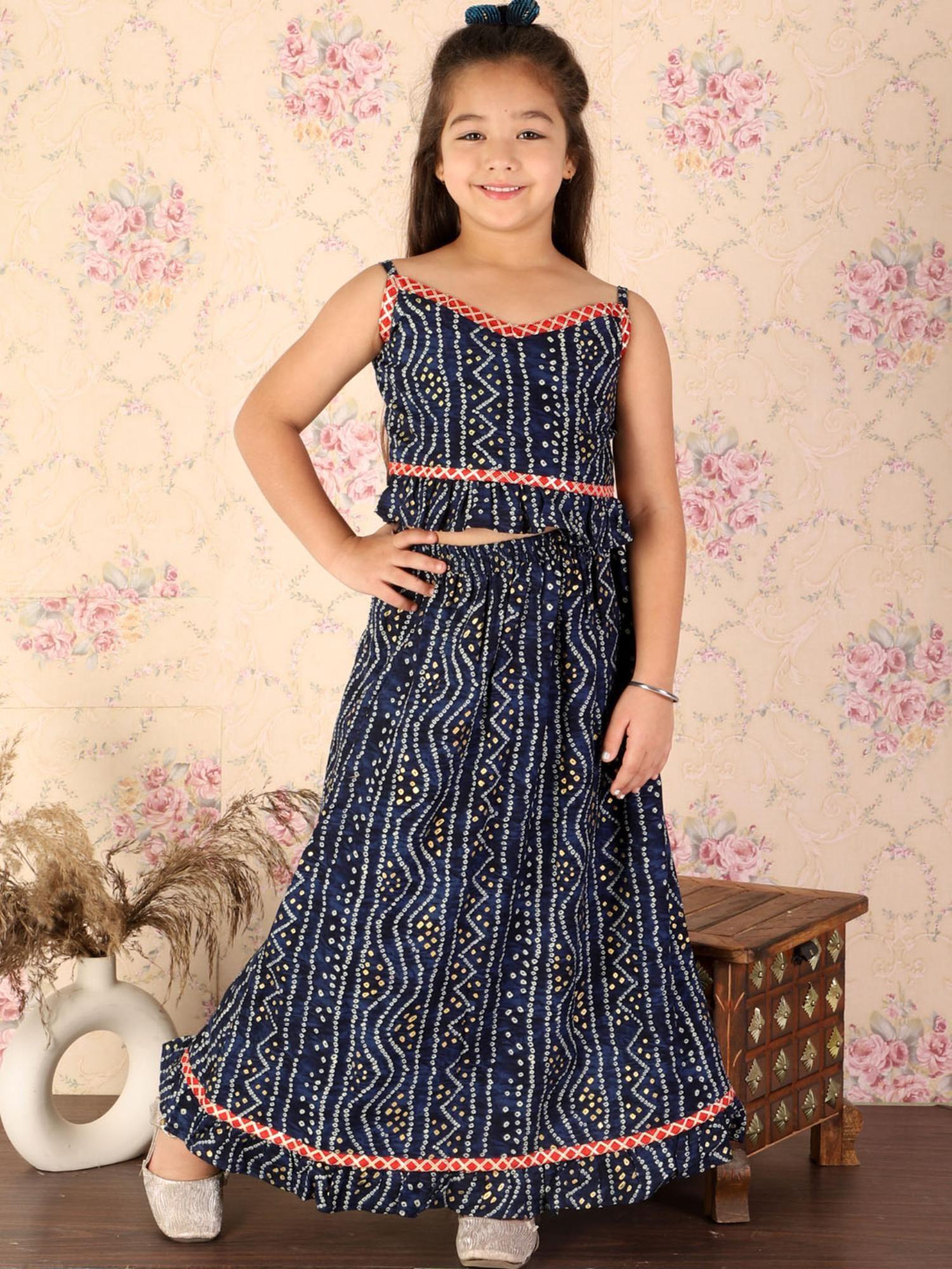 girls blue bandhani lehenga and choli (set of 2)