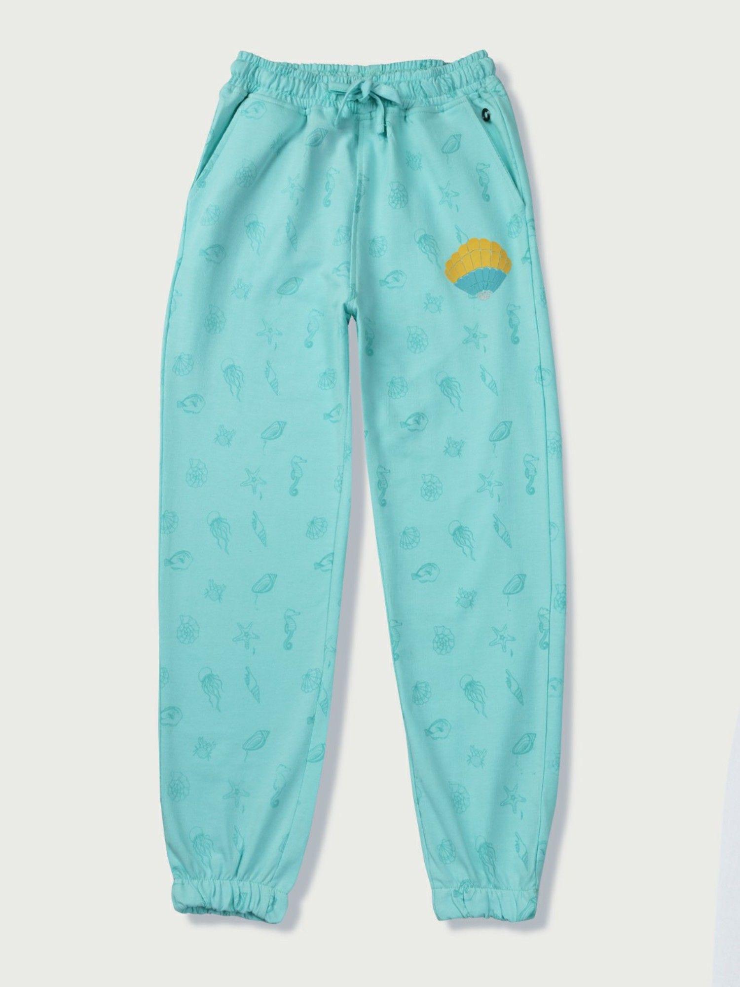 girls blue cotton printed track pant