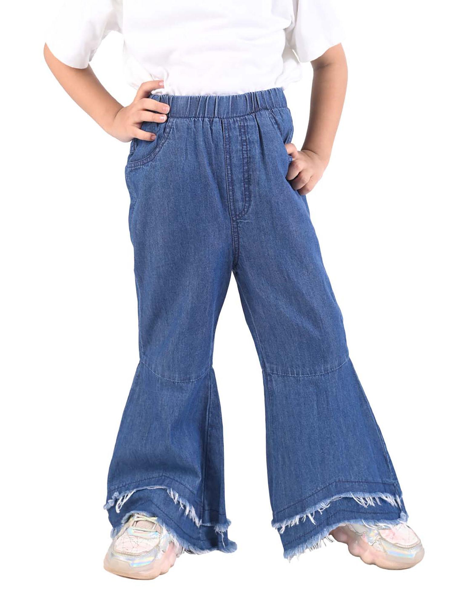 girls blue denim jeans with stylish raw edge