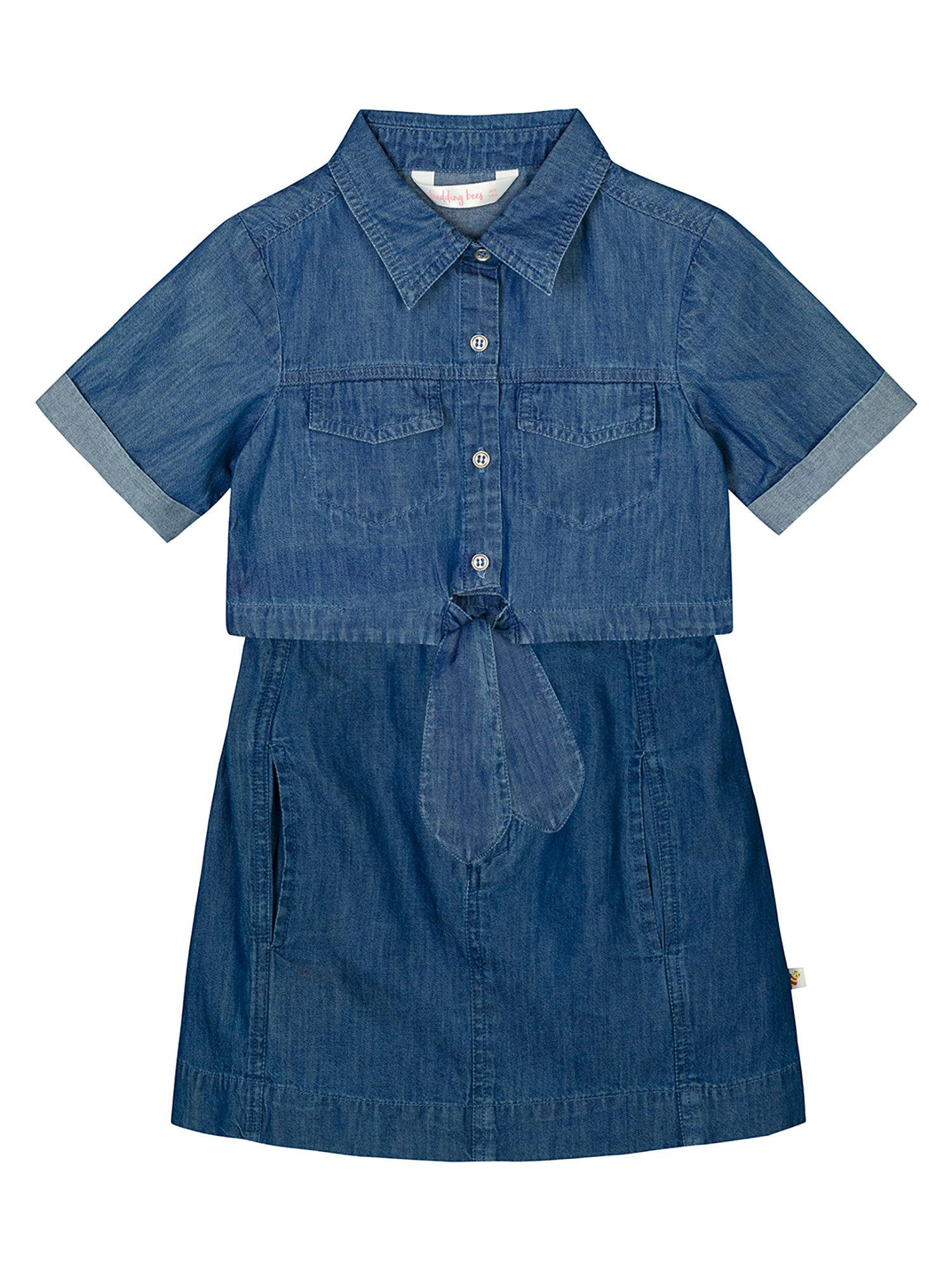 girls blue denim knotted top-skirt (set of 2)