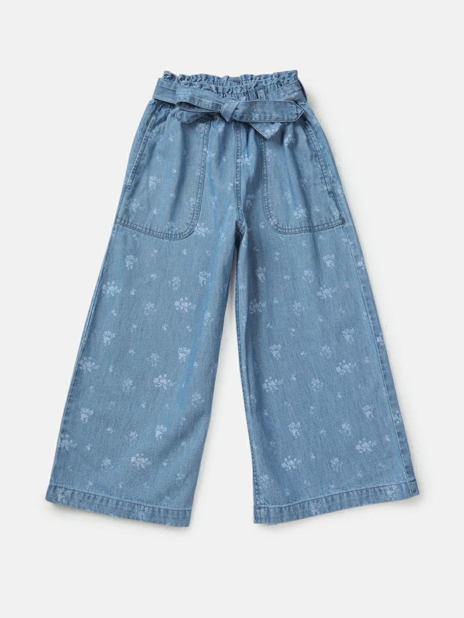 girls blue denim printed culottes (set of 2)