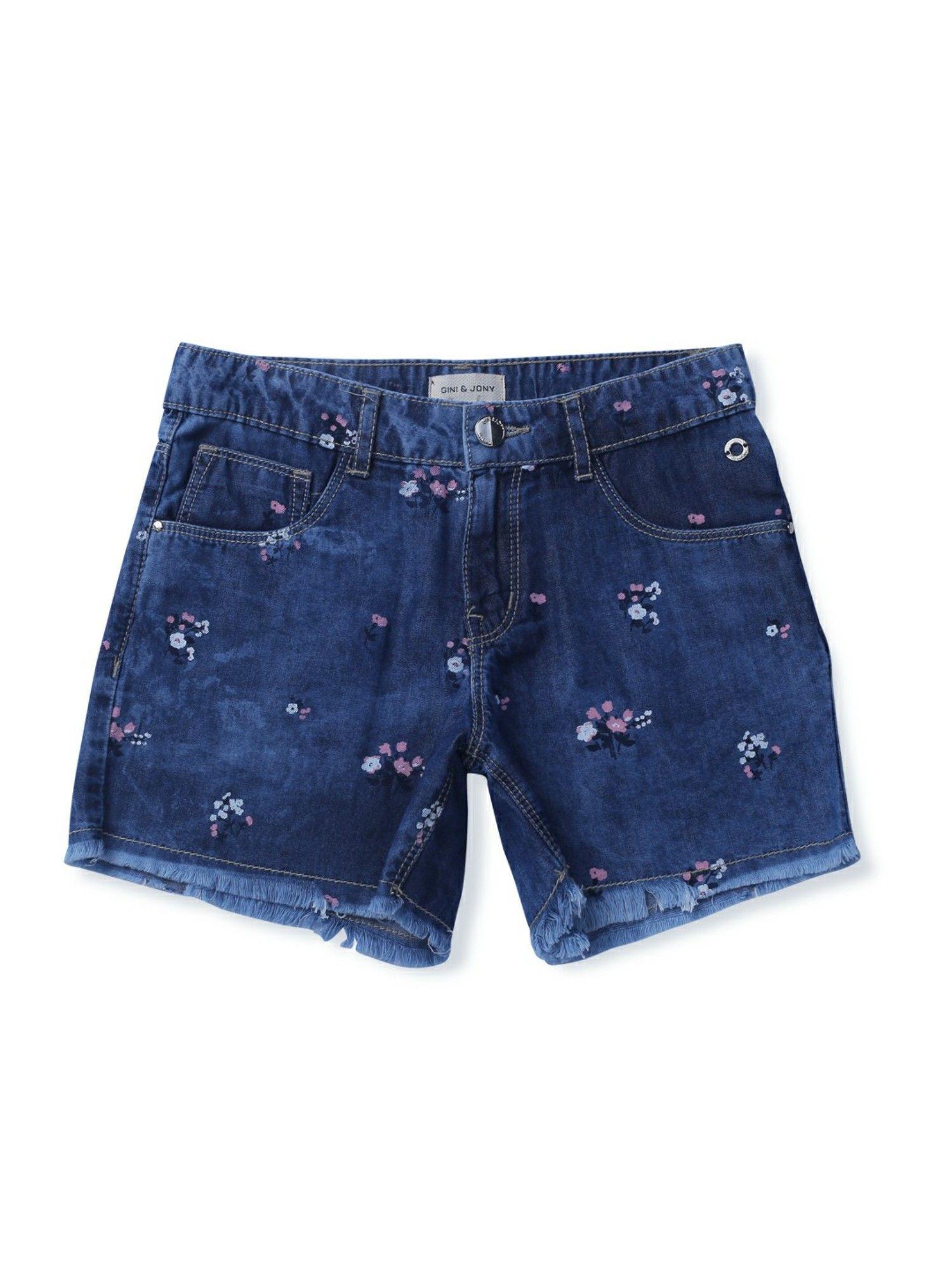 girls blue denim printed shorts