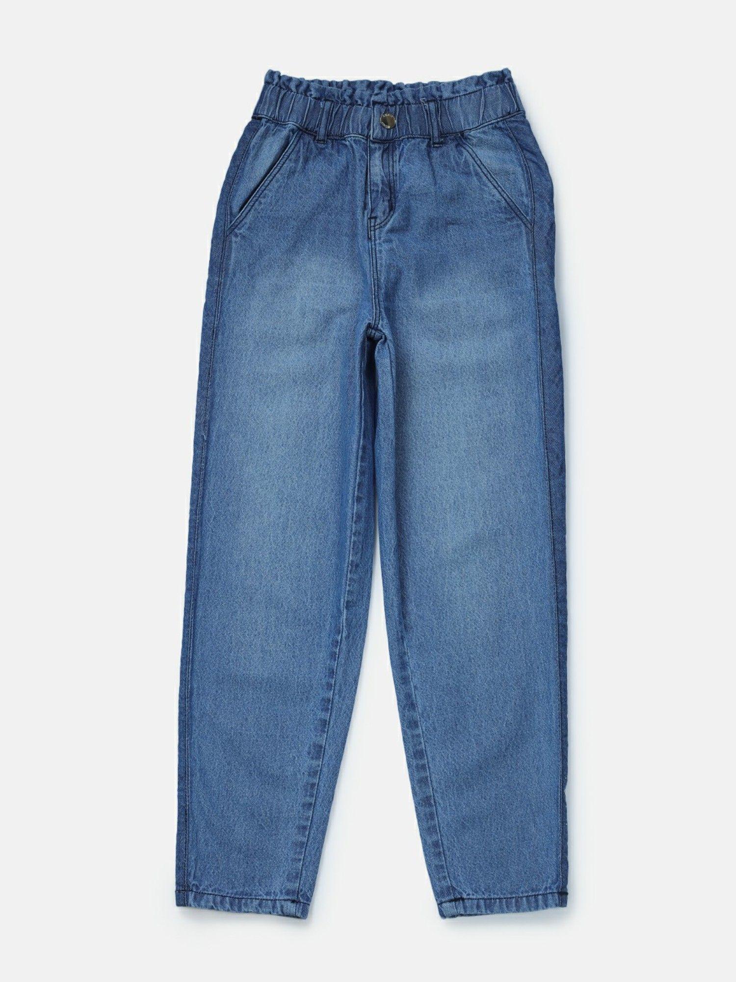 girls blue denim solid jeans