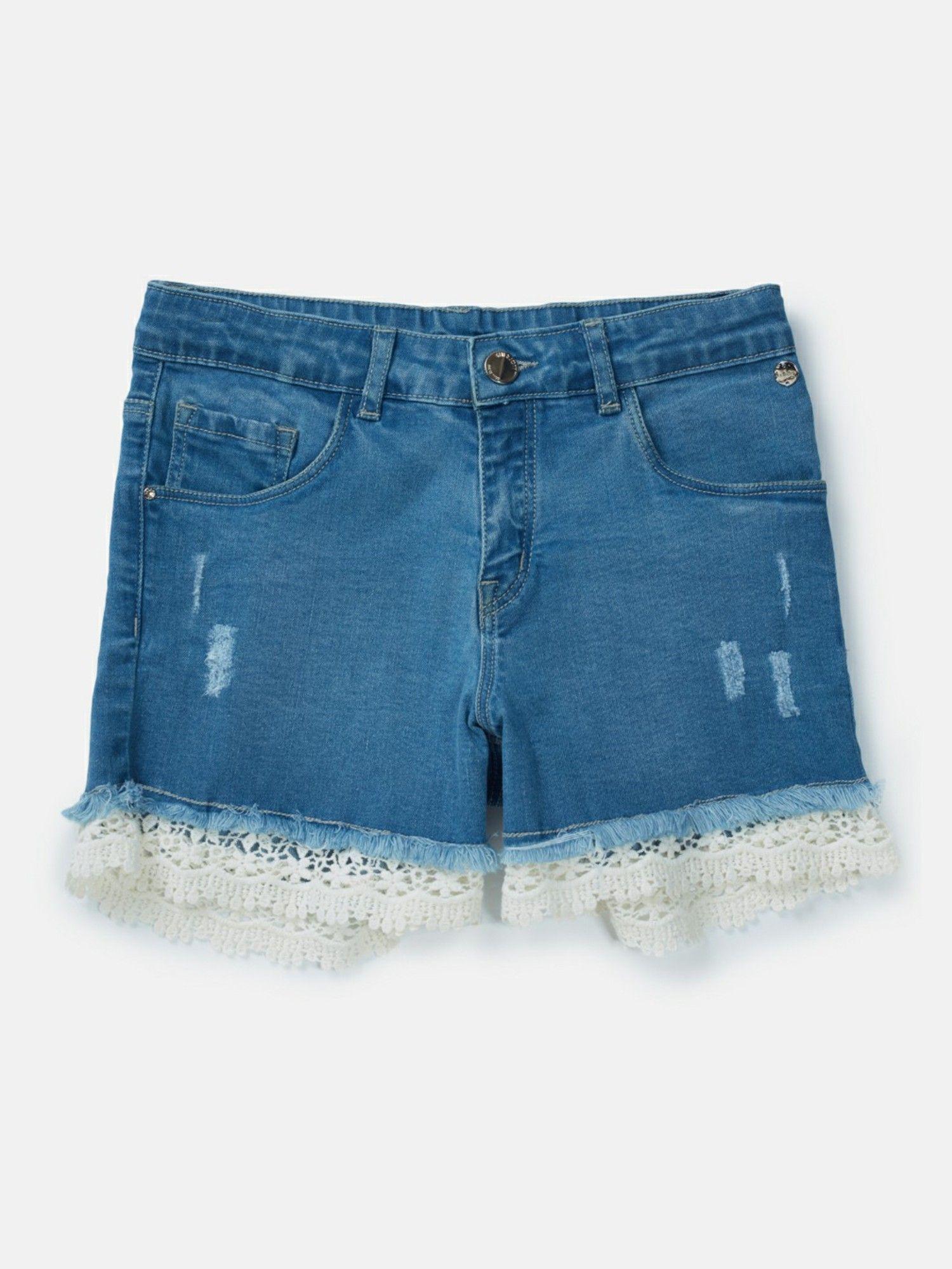 girls blue denim solid shorts