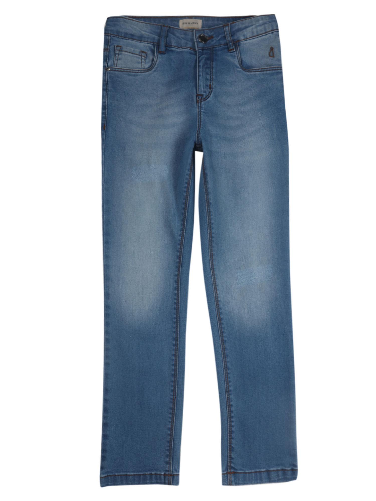 girls blue denim washed fixed waist jeans