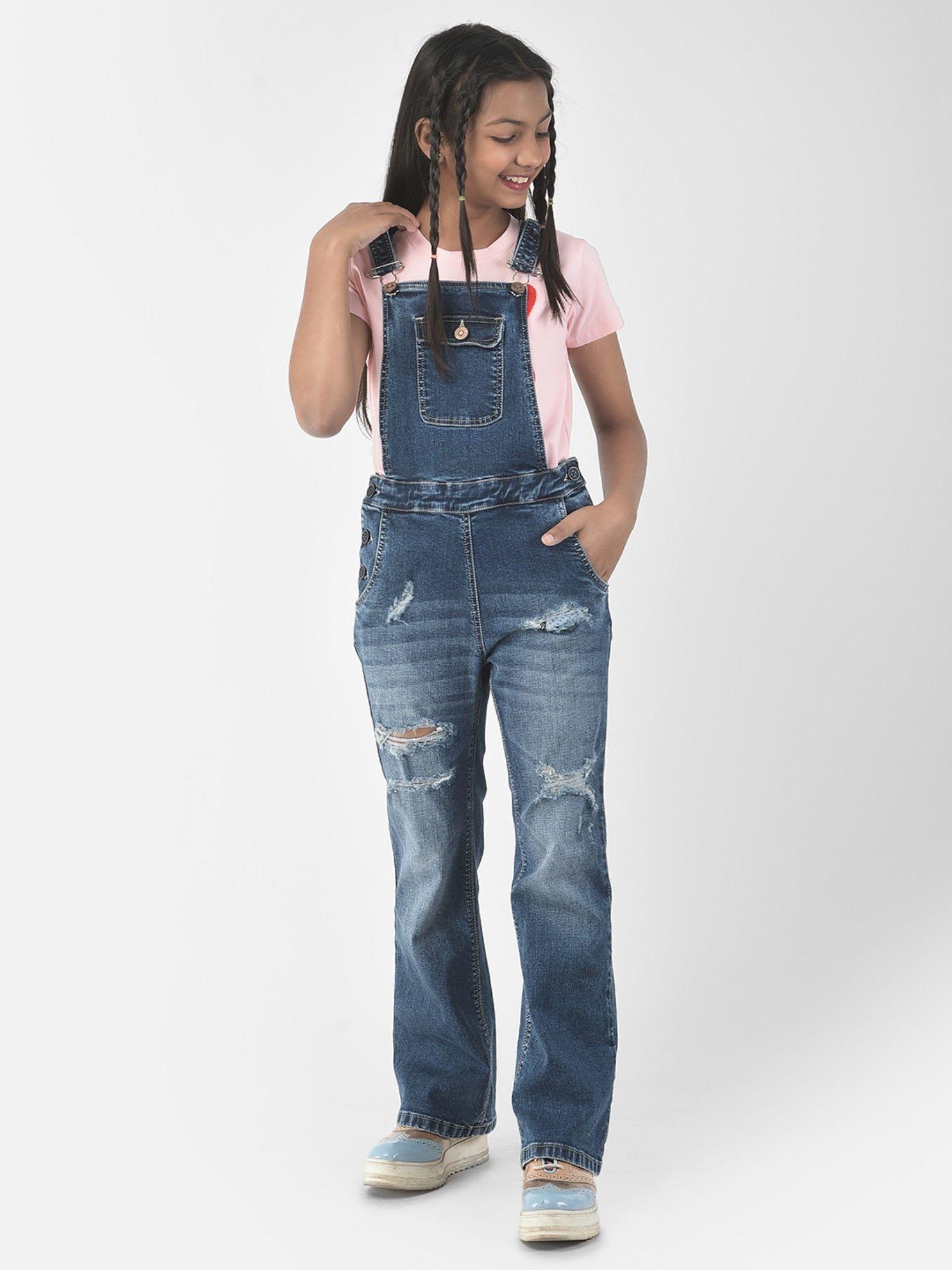 girls blue distressed denim dungaree