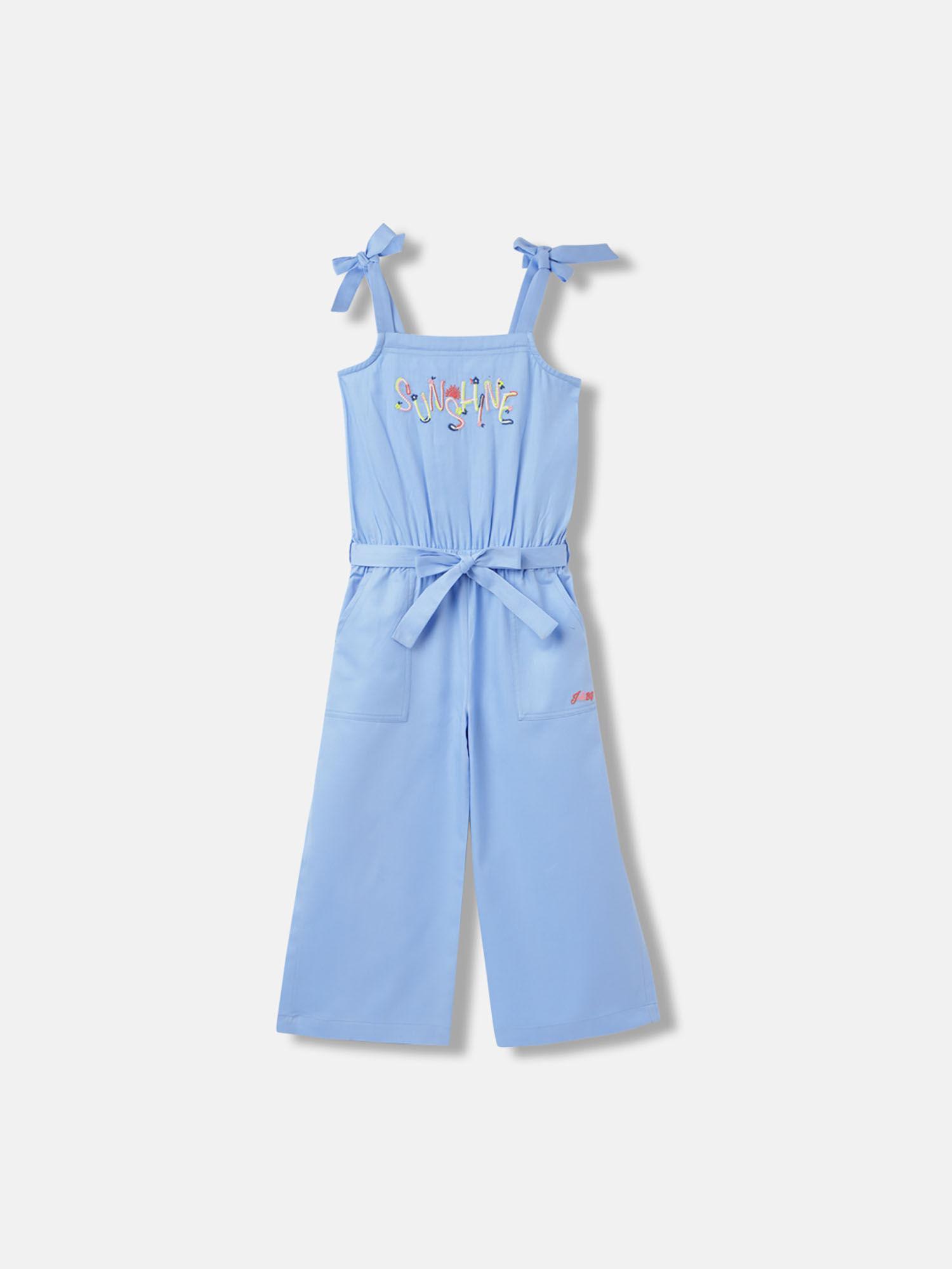 girls blue embroidered regular sleeveless jumpsuit with belt (set of 2)