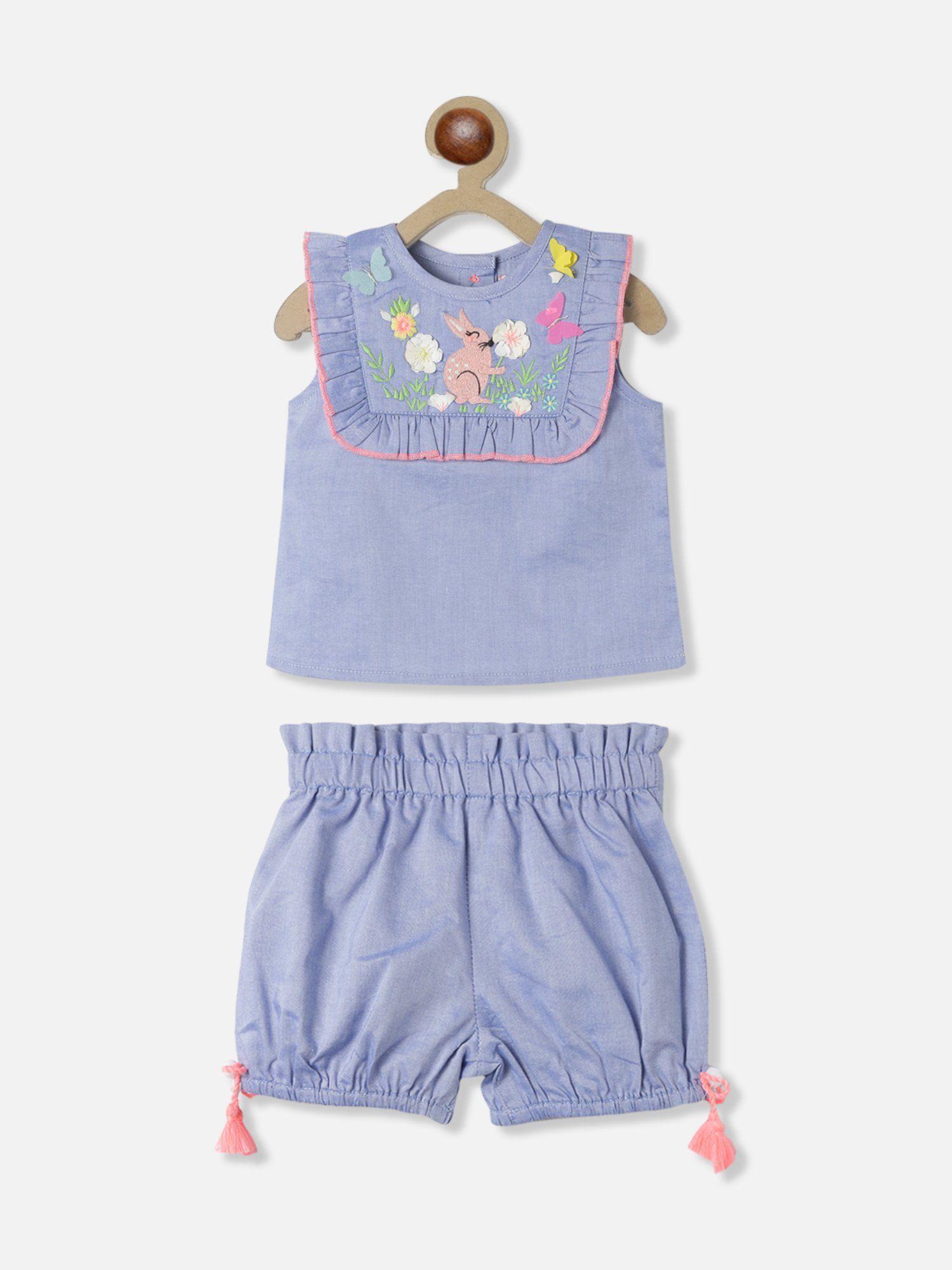 girls blue embroidered top with shorts (set of 2)